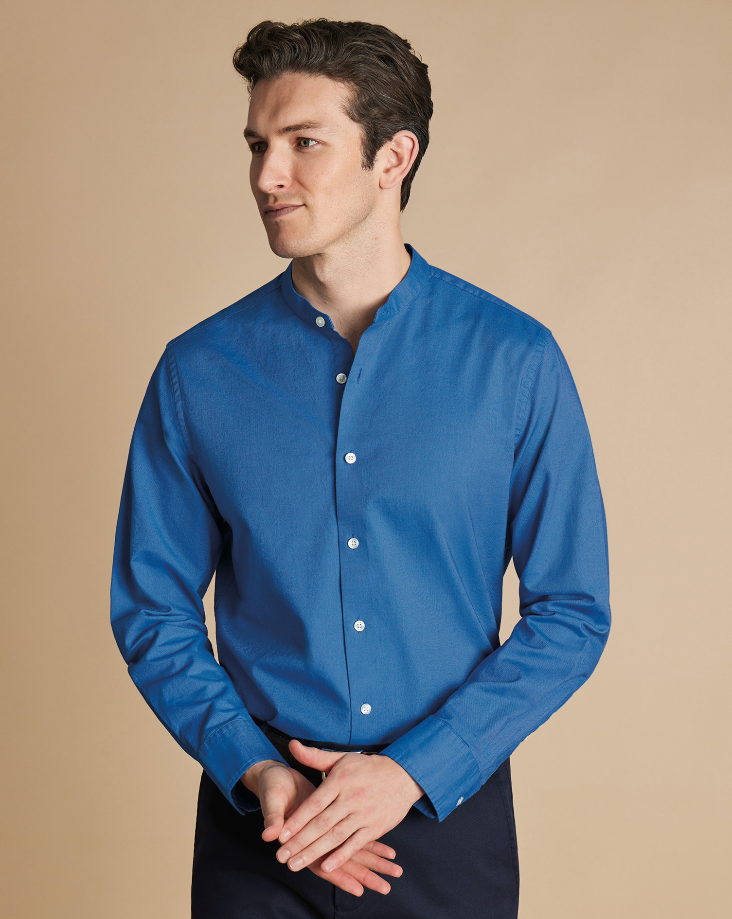 Collarless Stretch Washed Oxford Shirt - Ocean Blue