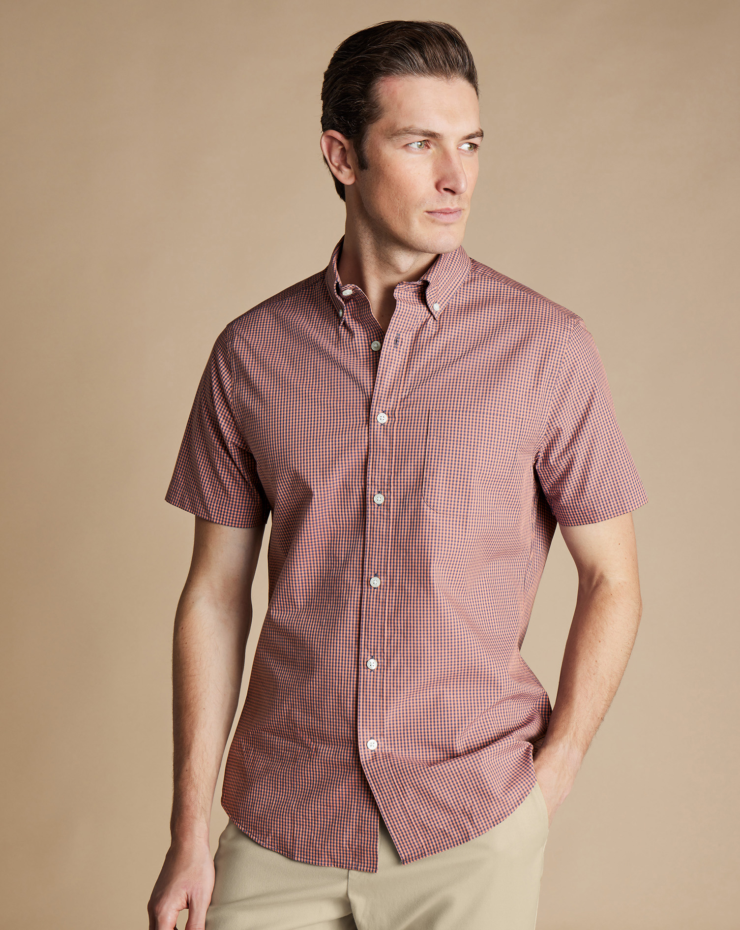 Shop Charles Tyrwhitt Men's  Non-iron Stretch Short Sleeve Casual Shirt In Pink