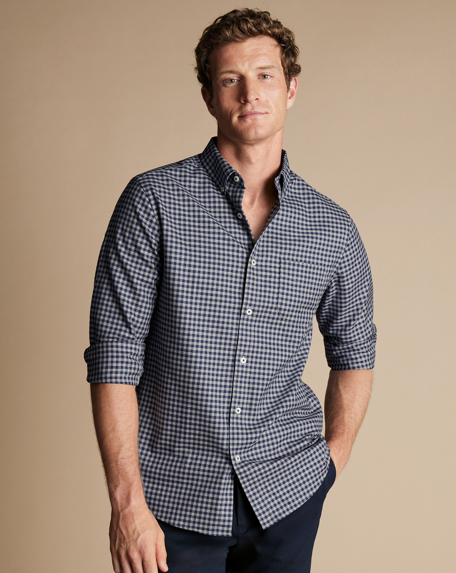 Button-Down Collar Non-Iron Twill Gingham Shirt - Grey