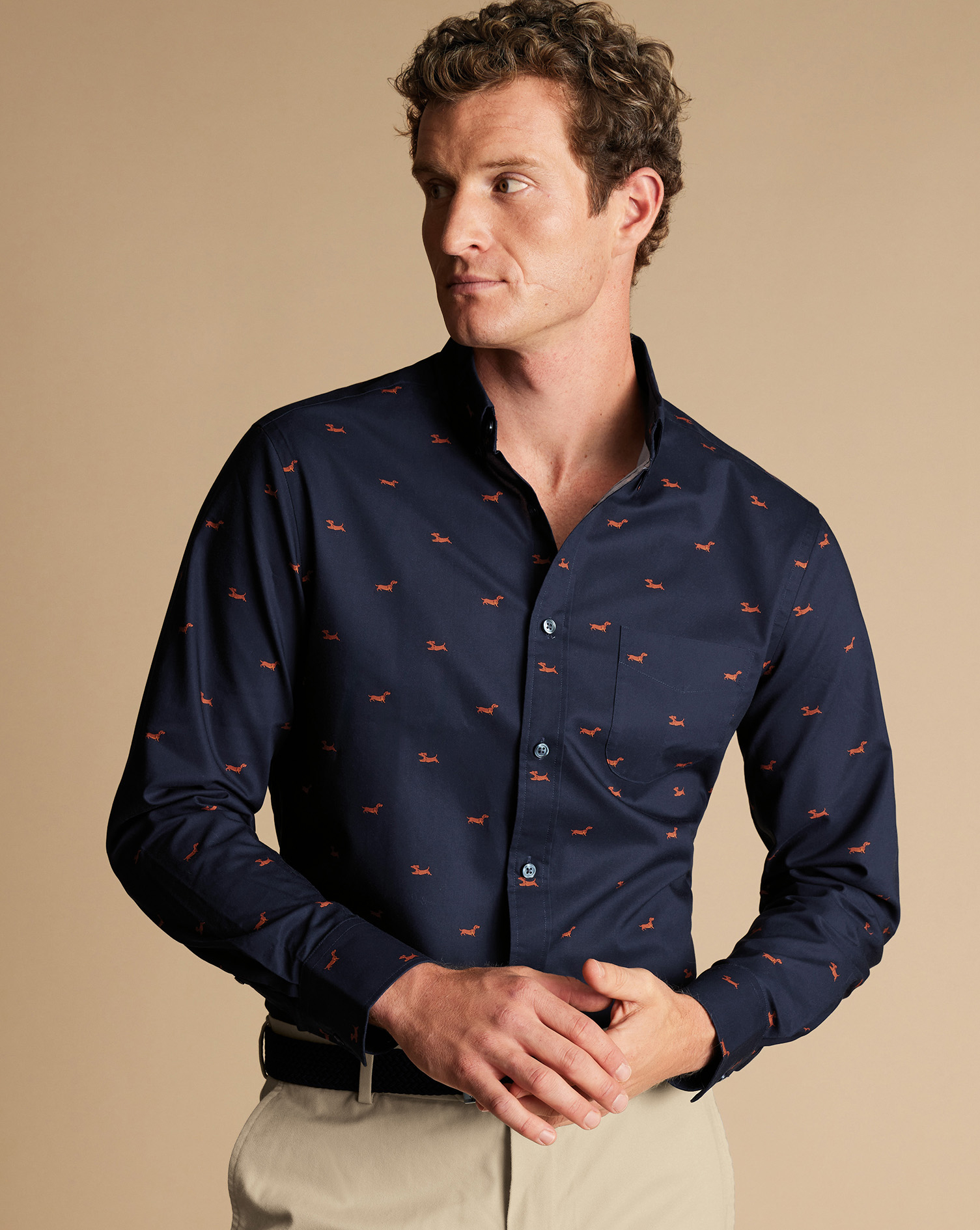 Button-Down Collar Non-Iron Stretch Dog Print Shirt - Navy