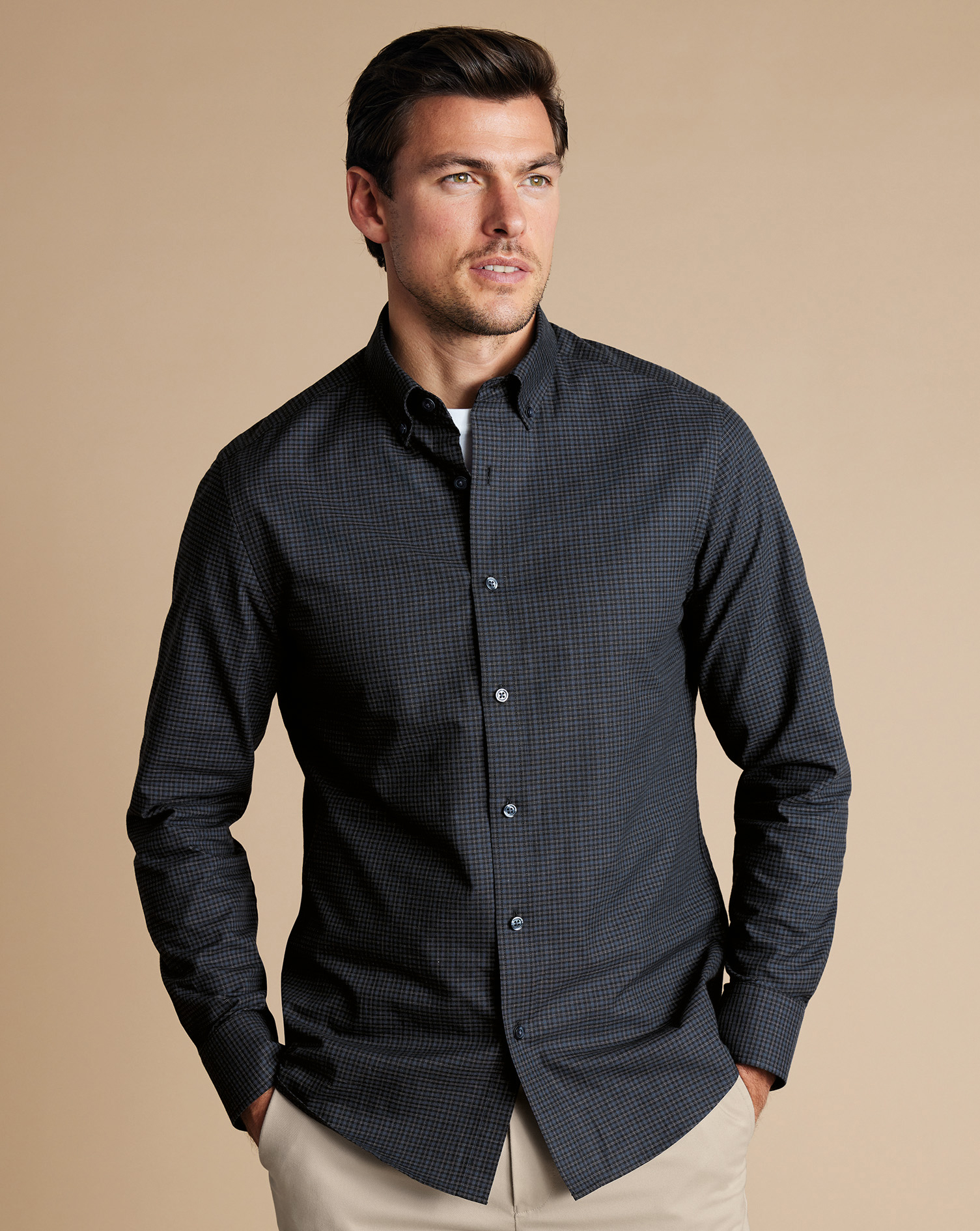 Button-Down Collar Brushed Cotton Twill Check Shirt - Dark Grey