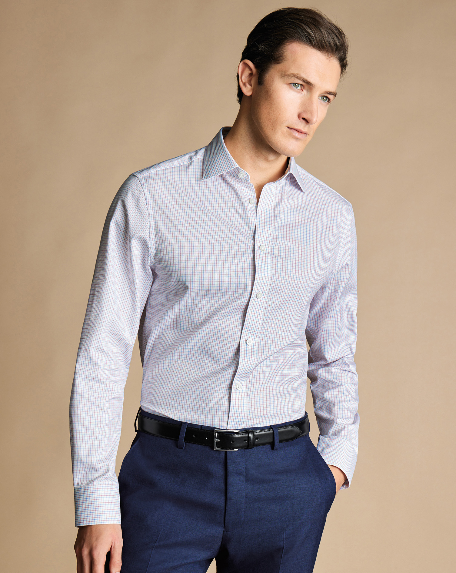 Semi-Cutaway Collar Egyptian Cotton Fine Line Check Shirt  - Multi