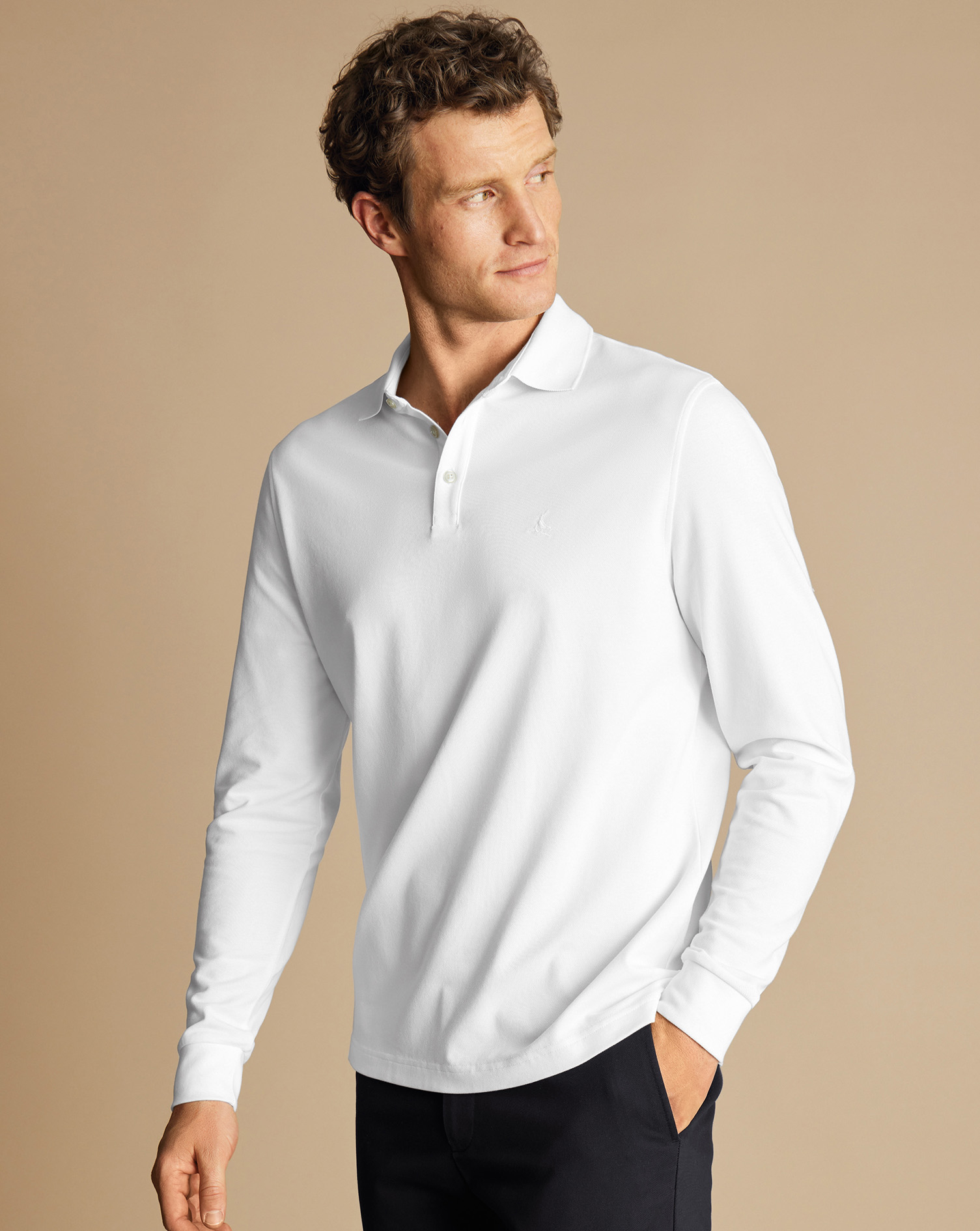 Long Sleeve Tyrwhitt Pique Polo - White