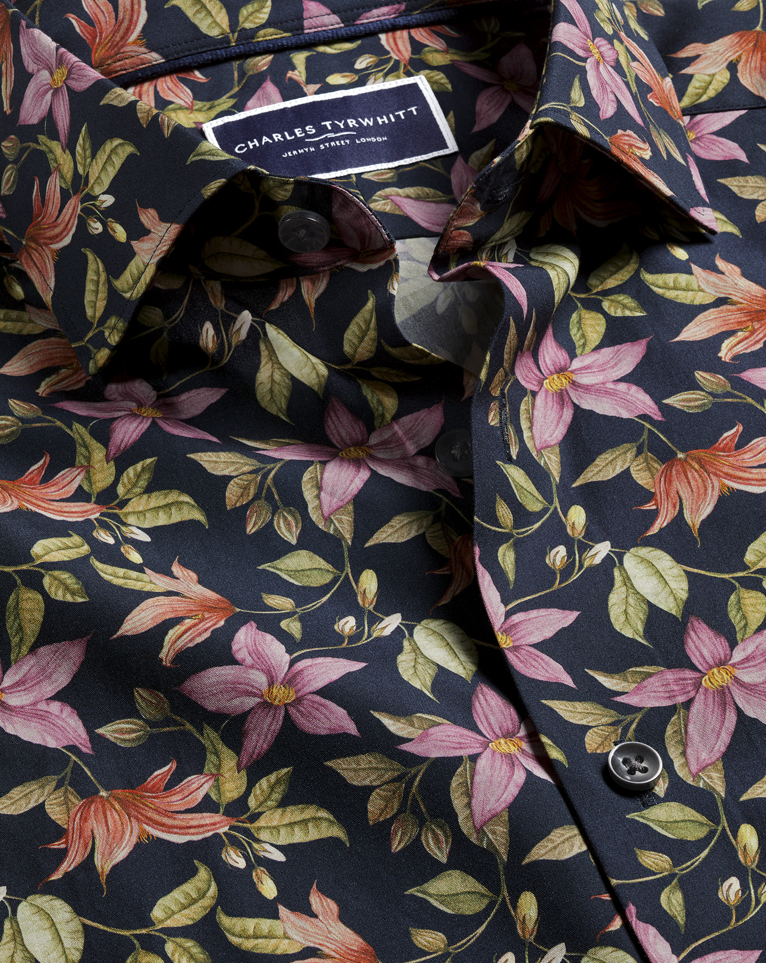 Made with Liberty Fabric Semi-Cutaway Collar Large Floral Print Shirt - Navy