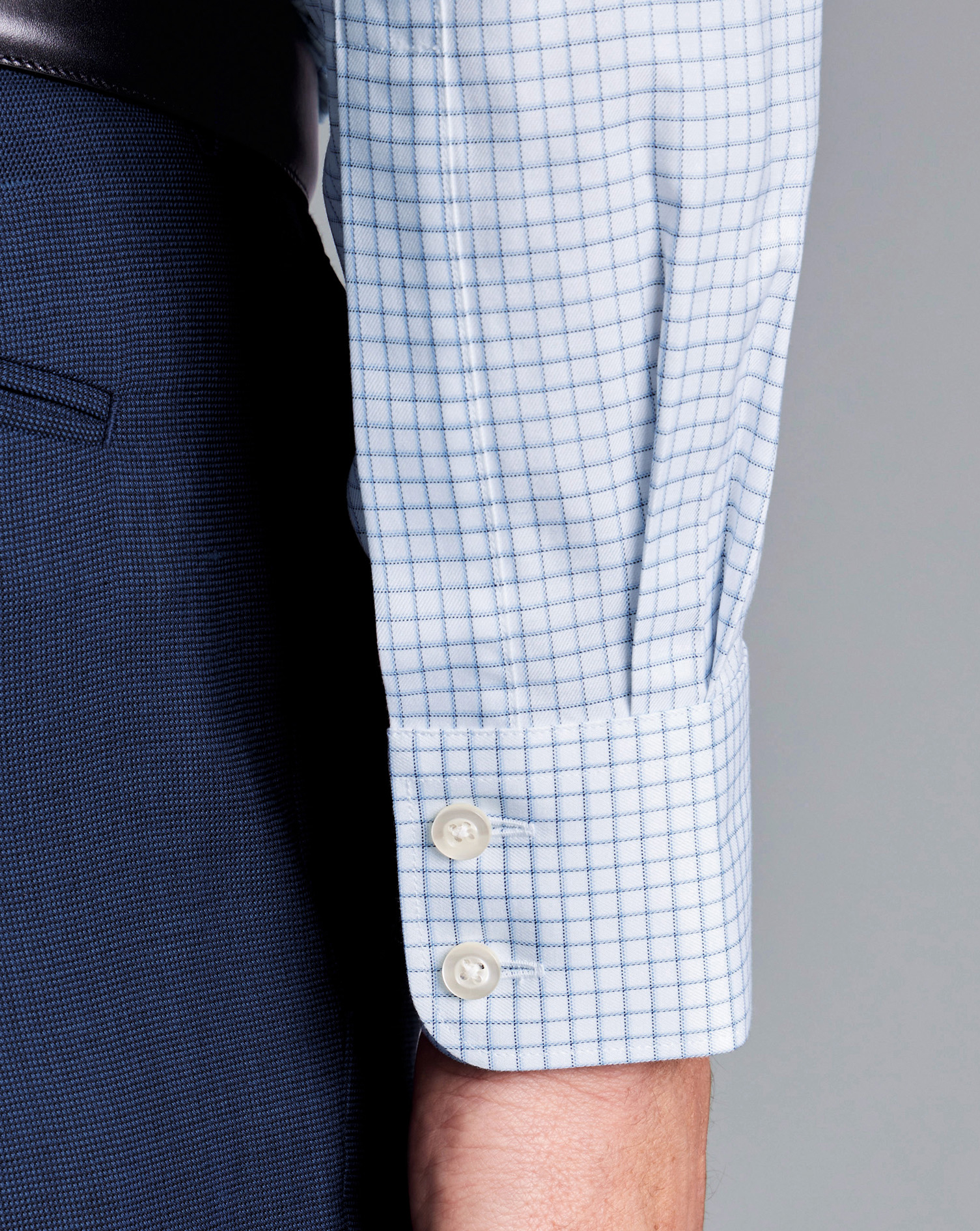 Semi-Cutaway Collar Egyptian Cotton Check Shirt - Ocean Blue