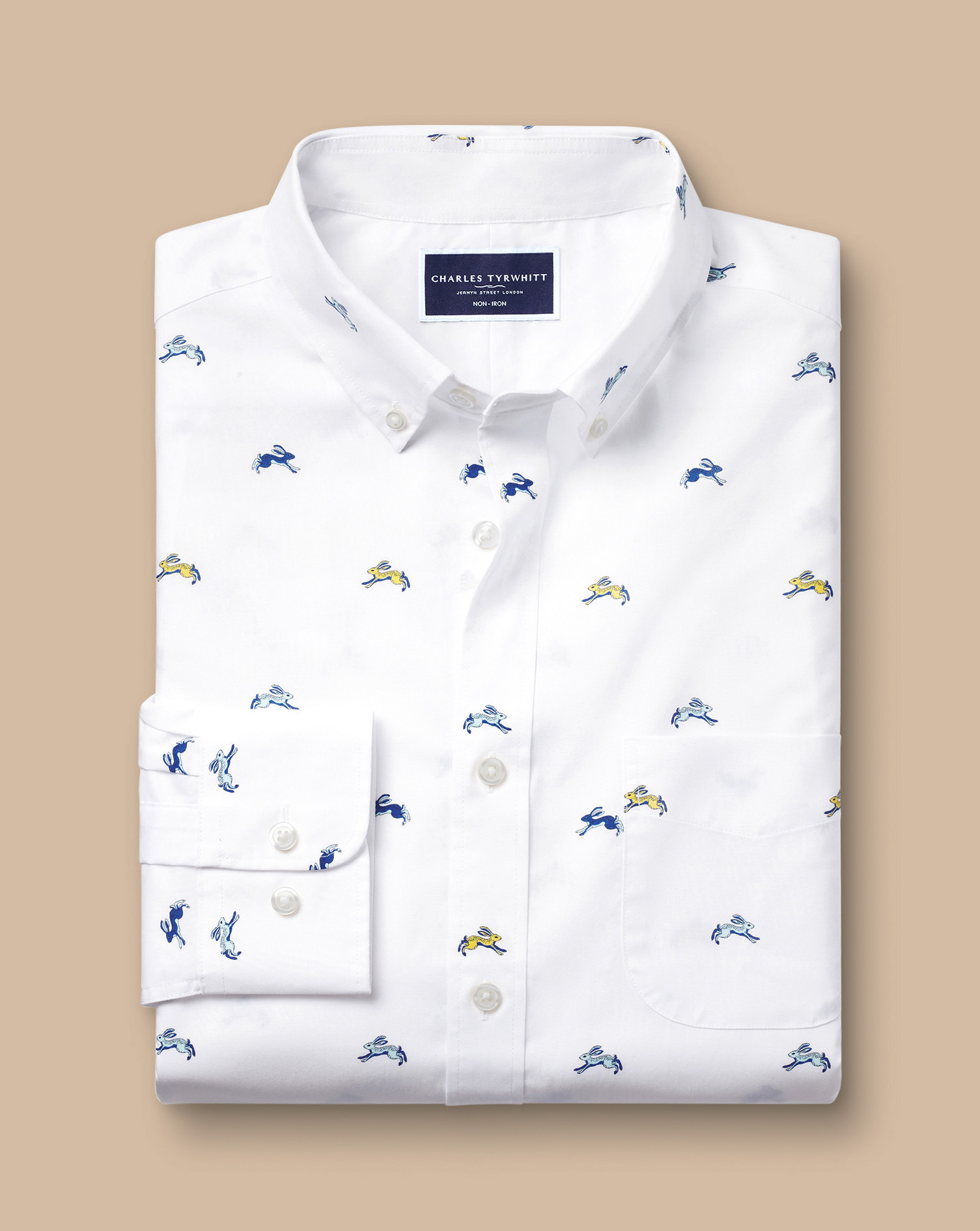 Button-Down Collar Non-Iron Stretch Hare Print Shirt - White Multi