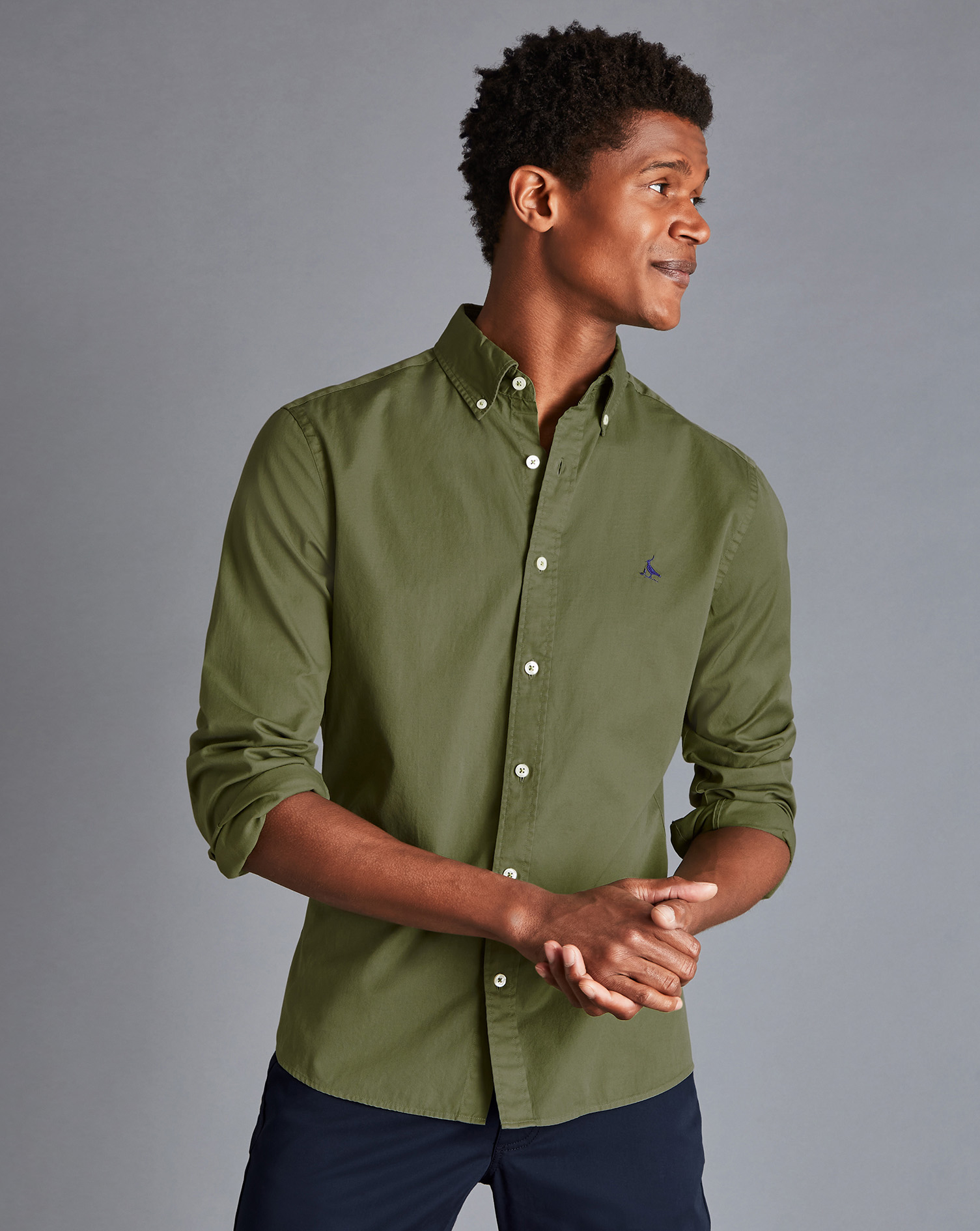 Button-Down Collar Washed Fine Twill Shirt - Olive Green | Charles