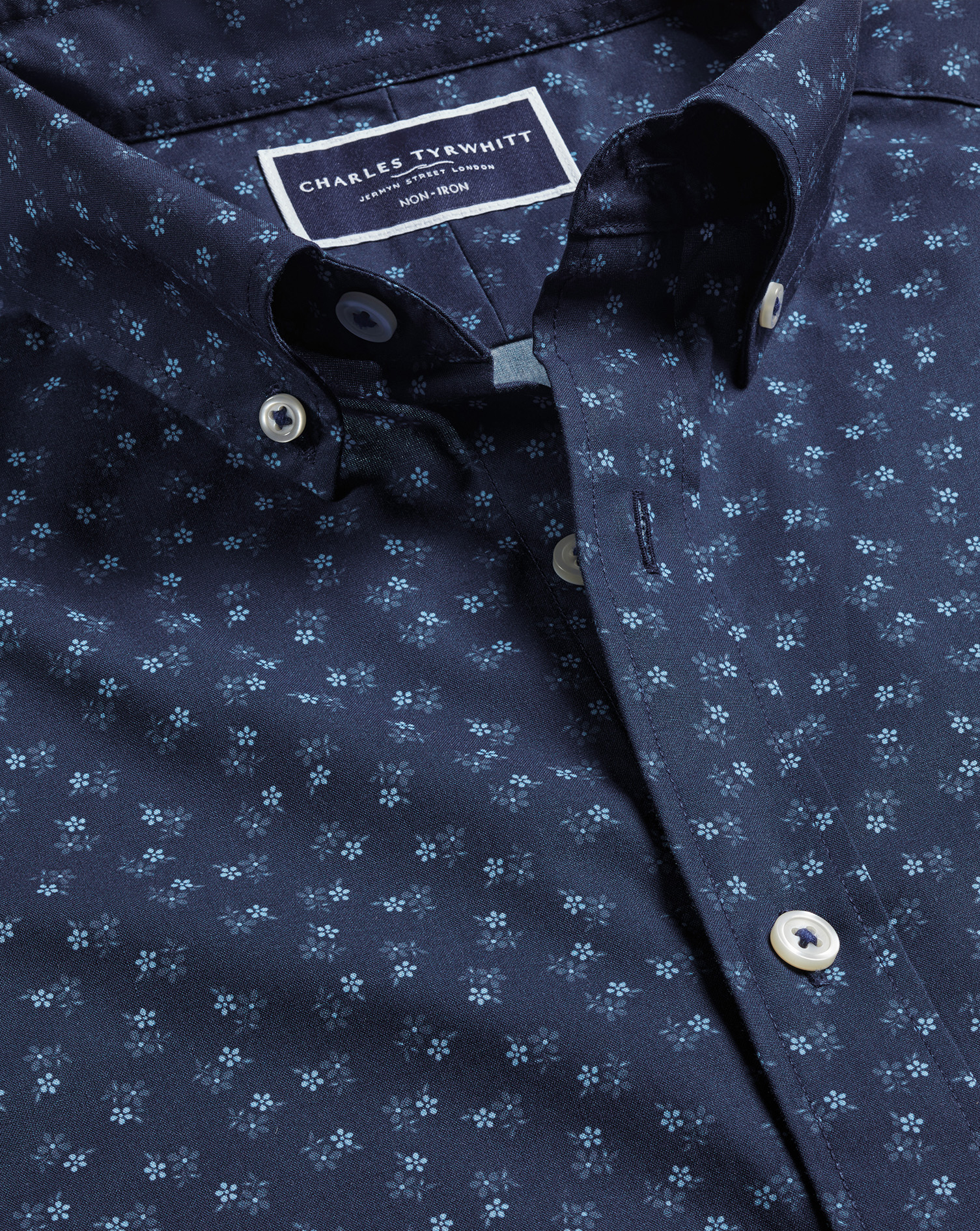 Non-Iron Stretch Ditsy Floral Print Shirt - Navy