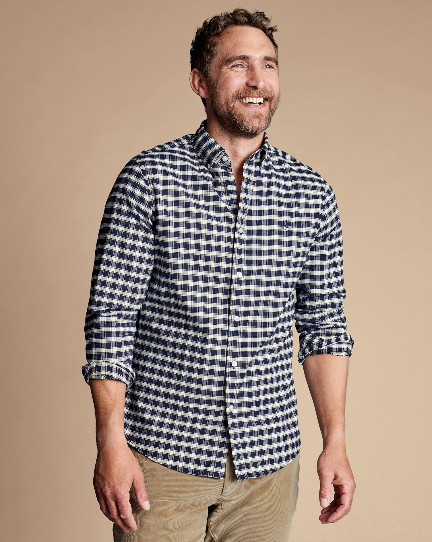 Button-Down Collar Brushed Washed Oxford Grid Check Shirt - Navy