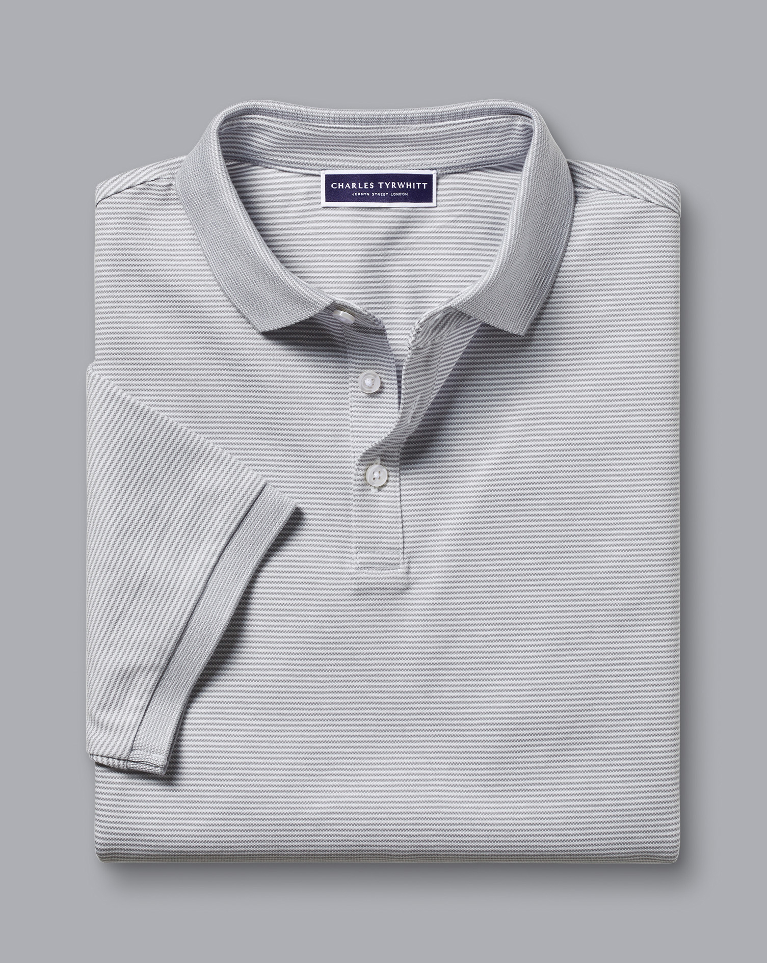 Striped Tyrwhitt Pique Polo - Light Grey