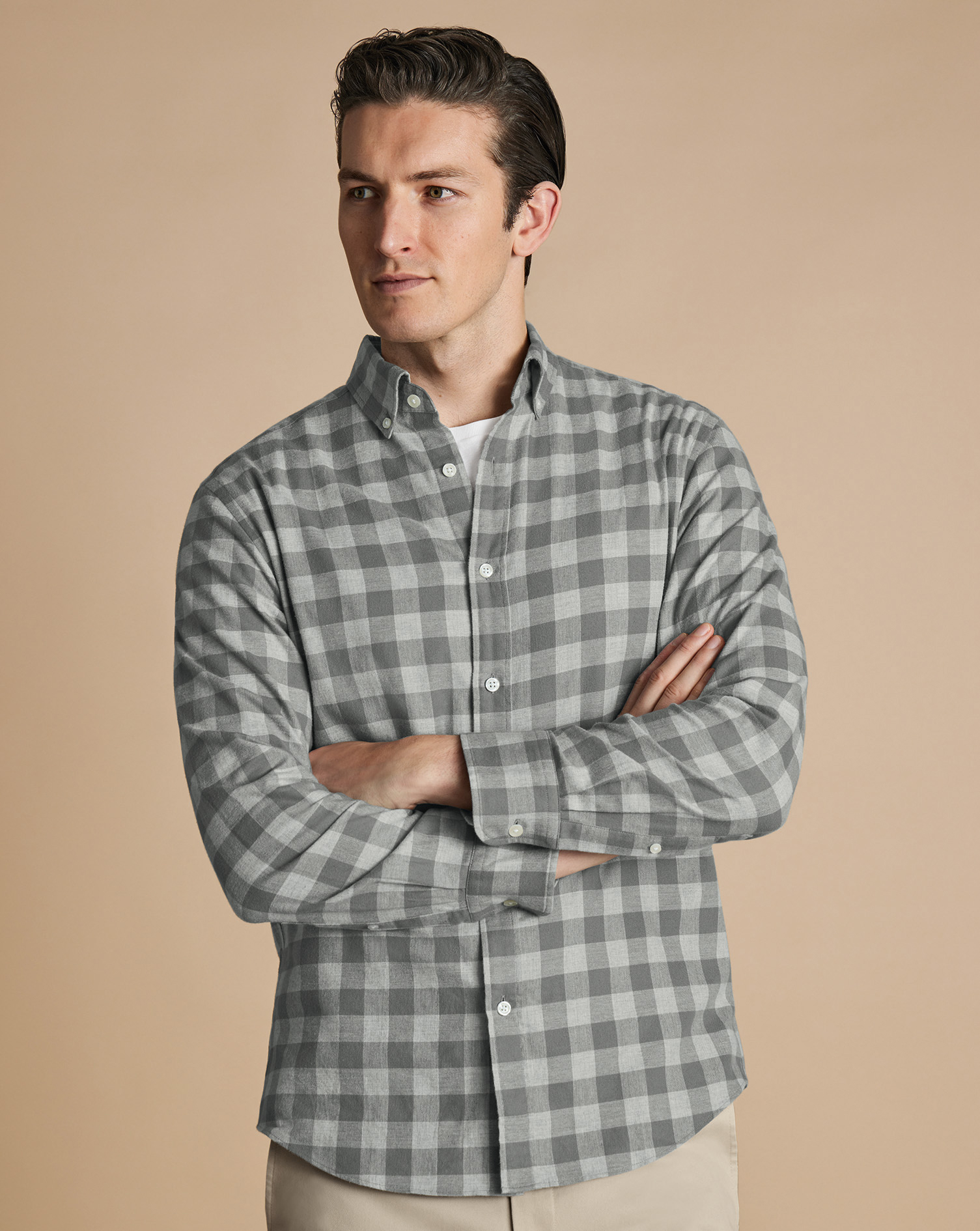 Button-Down Collar Brushed Flannel Gingham Shirt - Light Grey