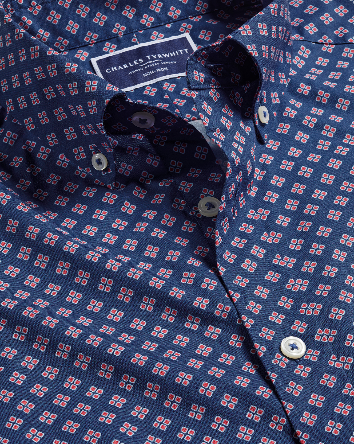 Button-Down Collar Non-Iron Stretch Diamond Print Shirt - Indigo Blue