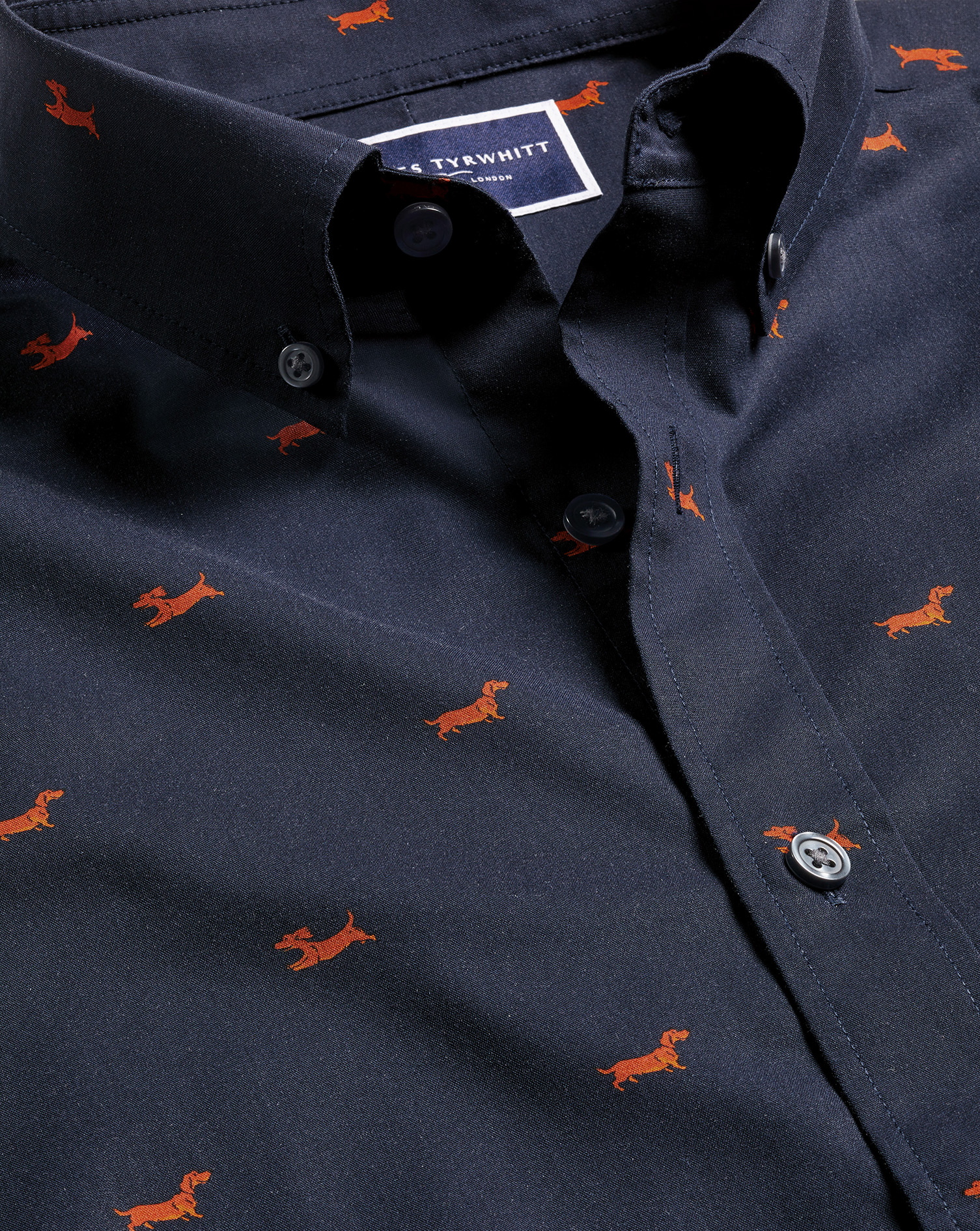 Button-Down Collar Non-Iron Stretch Dog Print Shirt - Navy