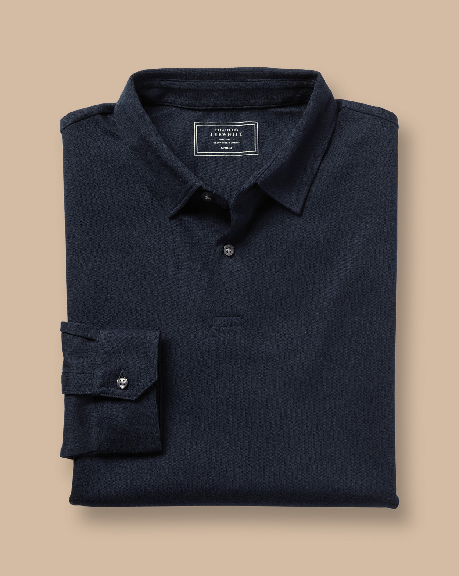 Combed Cotton Long Sleeve Polo - Dark Navy