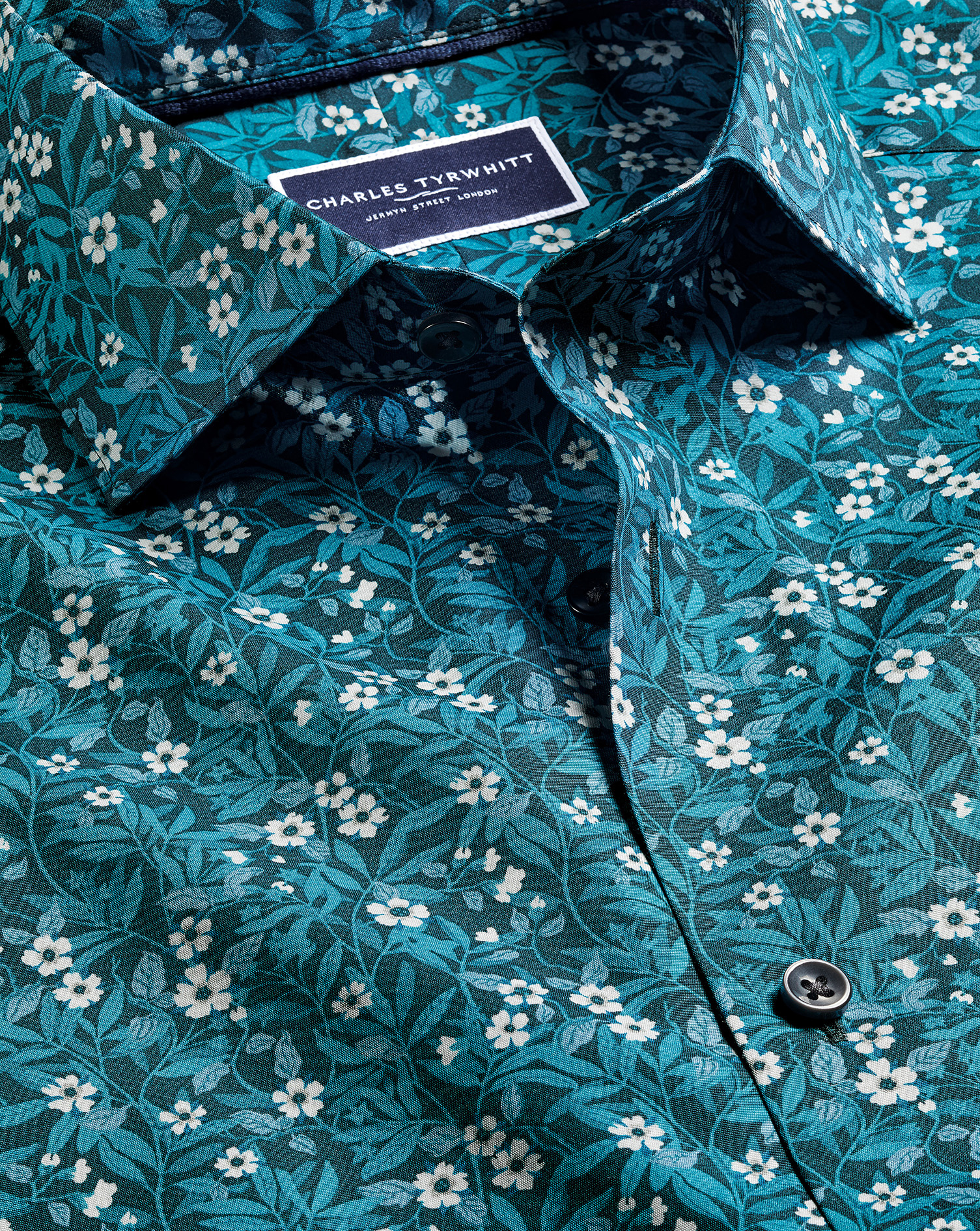 Made with Liberty Fabric Semi-Cutaway Collar Floral Print Shirt - Atlantic Green