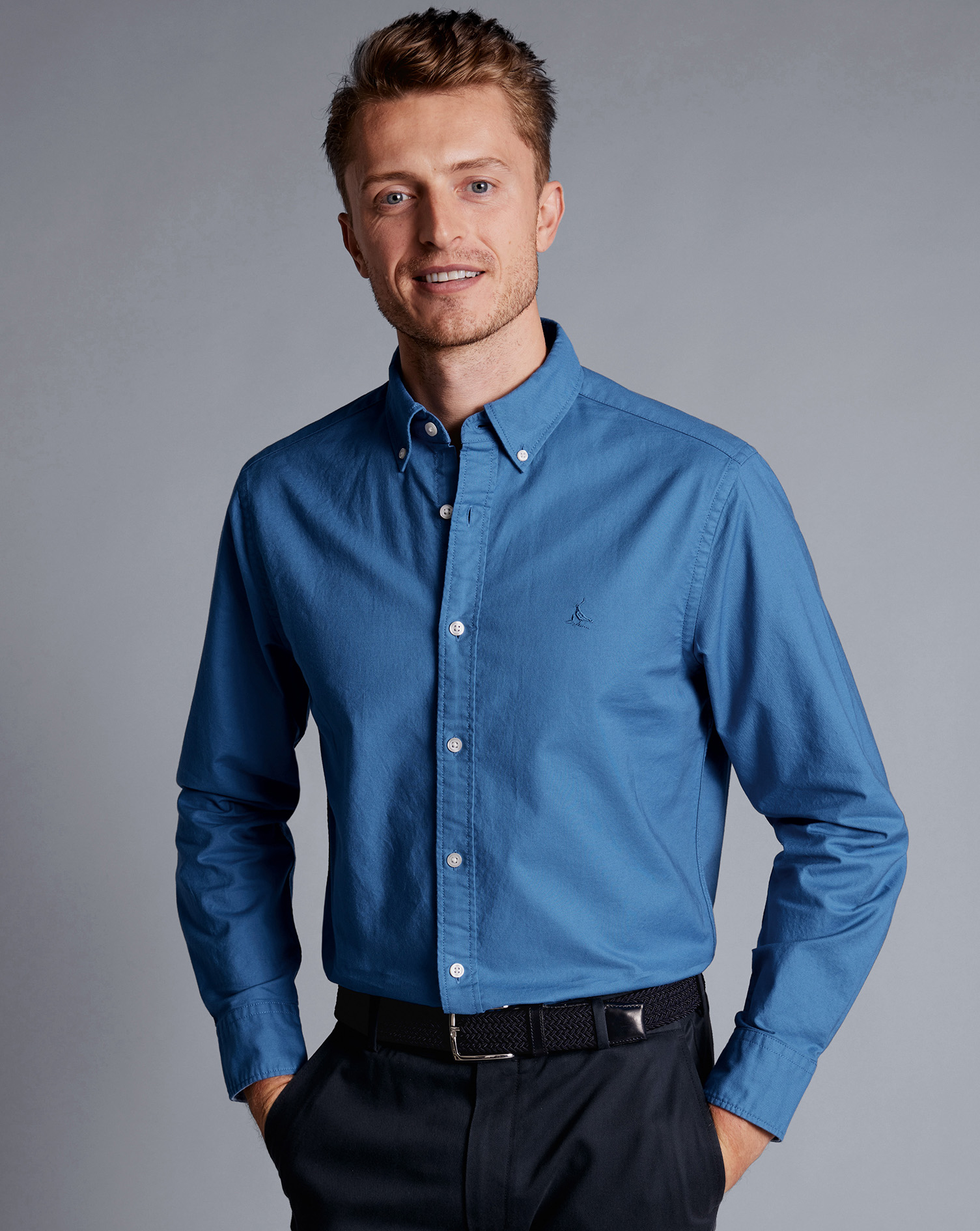 Button-Down Collar Washed Oxford Shirt  - Ocean Blue