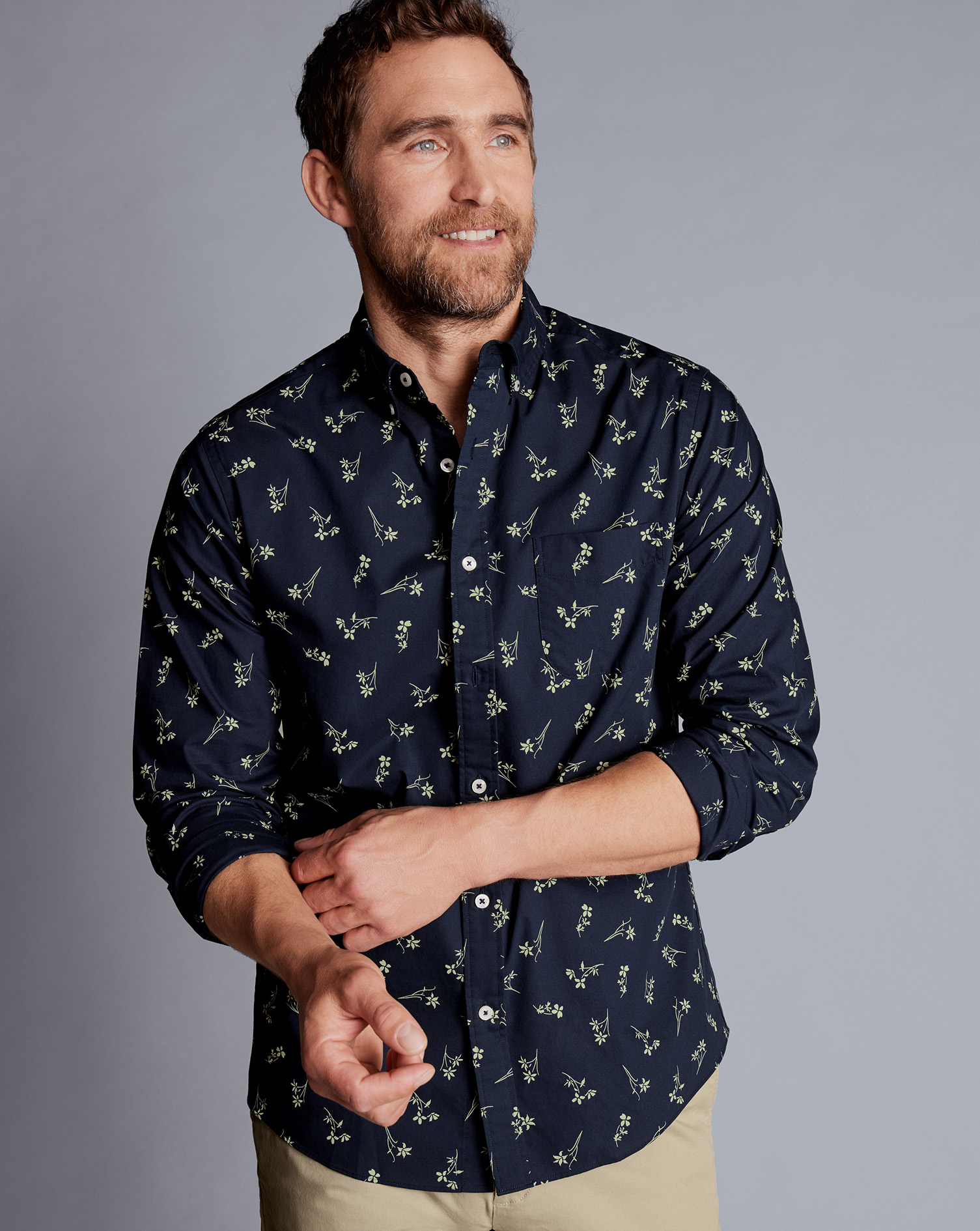 Button-Down Collar Non-Iron Floral Print Shirt - Stone