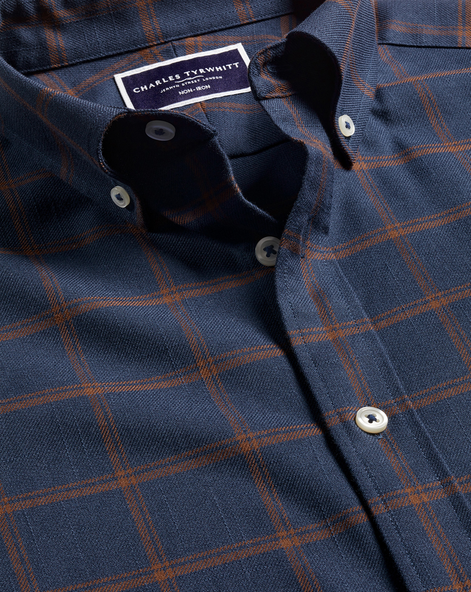 Button-Down Collar Non-Iron Twill Windowpane Check Shirt - Rust & Navy