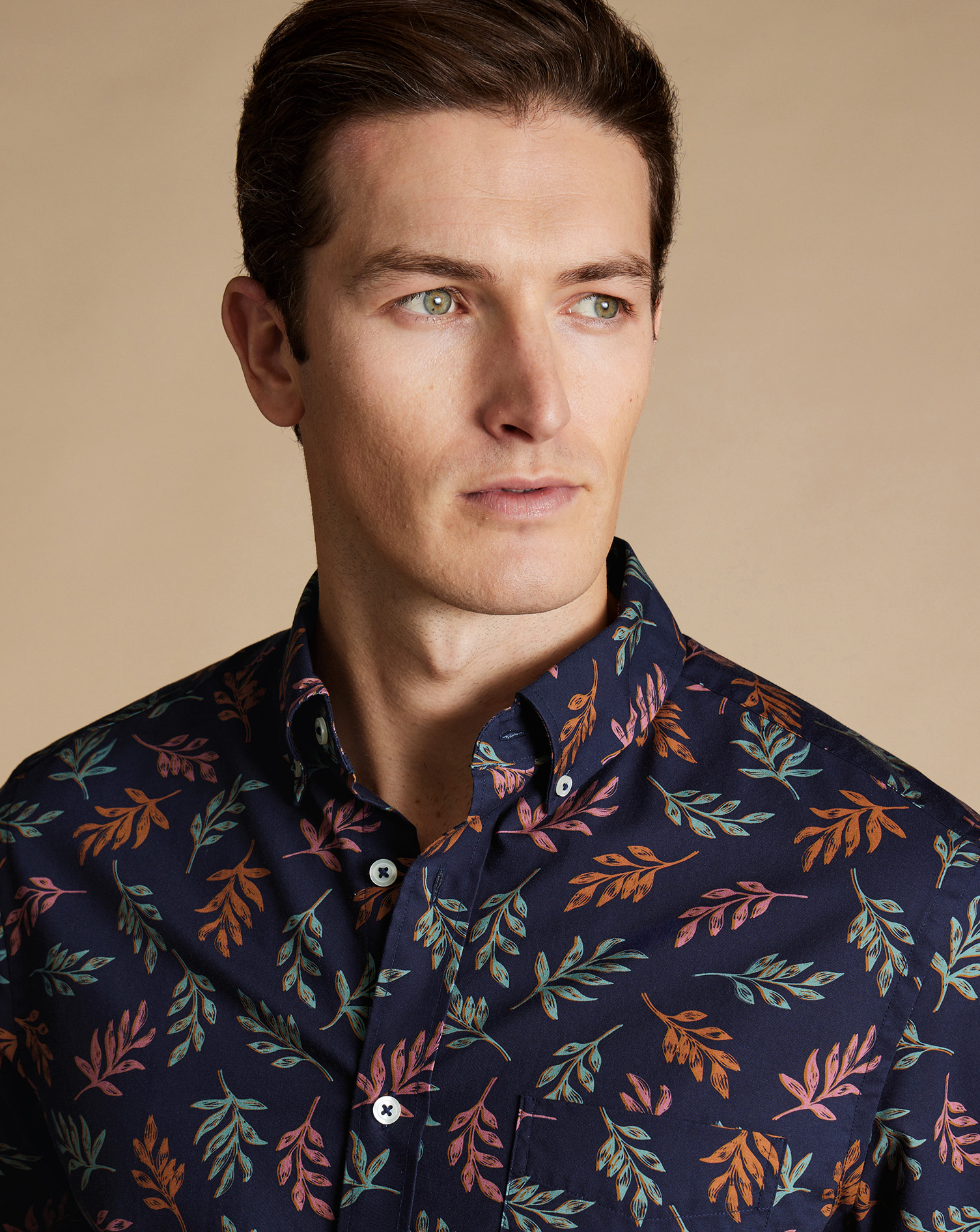 Non-Iron Leaf Print Short Sleeve Shirt - Navy