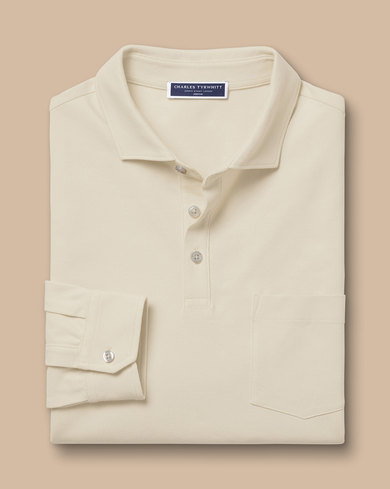 Long Sleeve Tyrwhitt Pique Polo - Stone