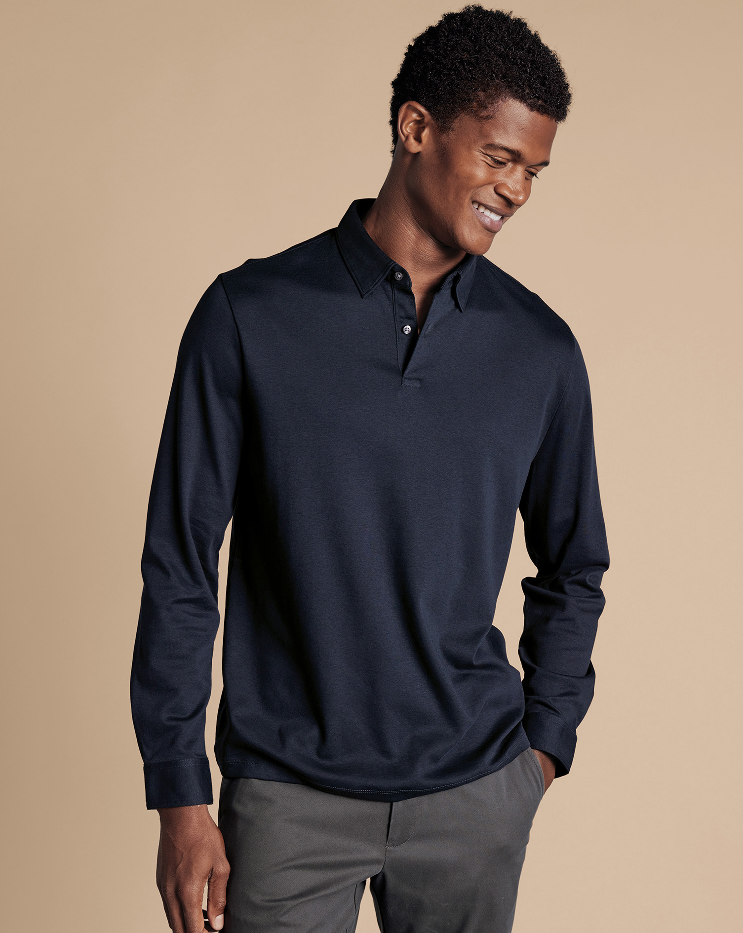 Combed Cotton Long Sleeve Polo - Dark Navy