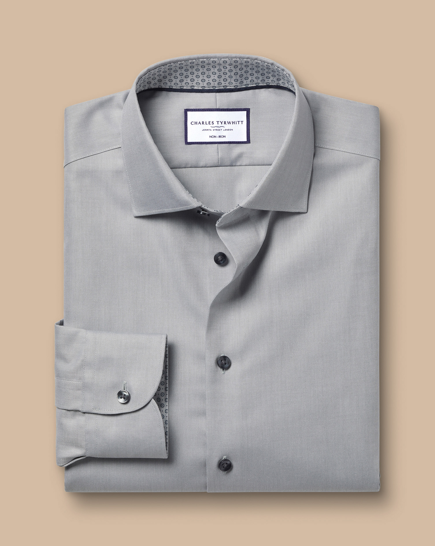 Semi-Cutaway Collar Non-Iron Twill Shirt with Printed Trim - Light Grey