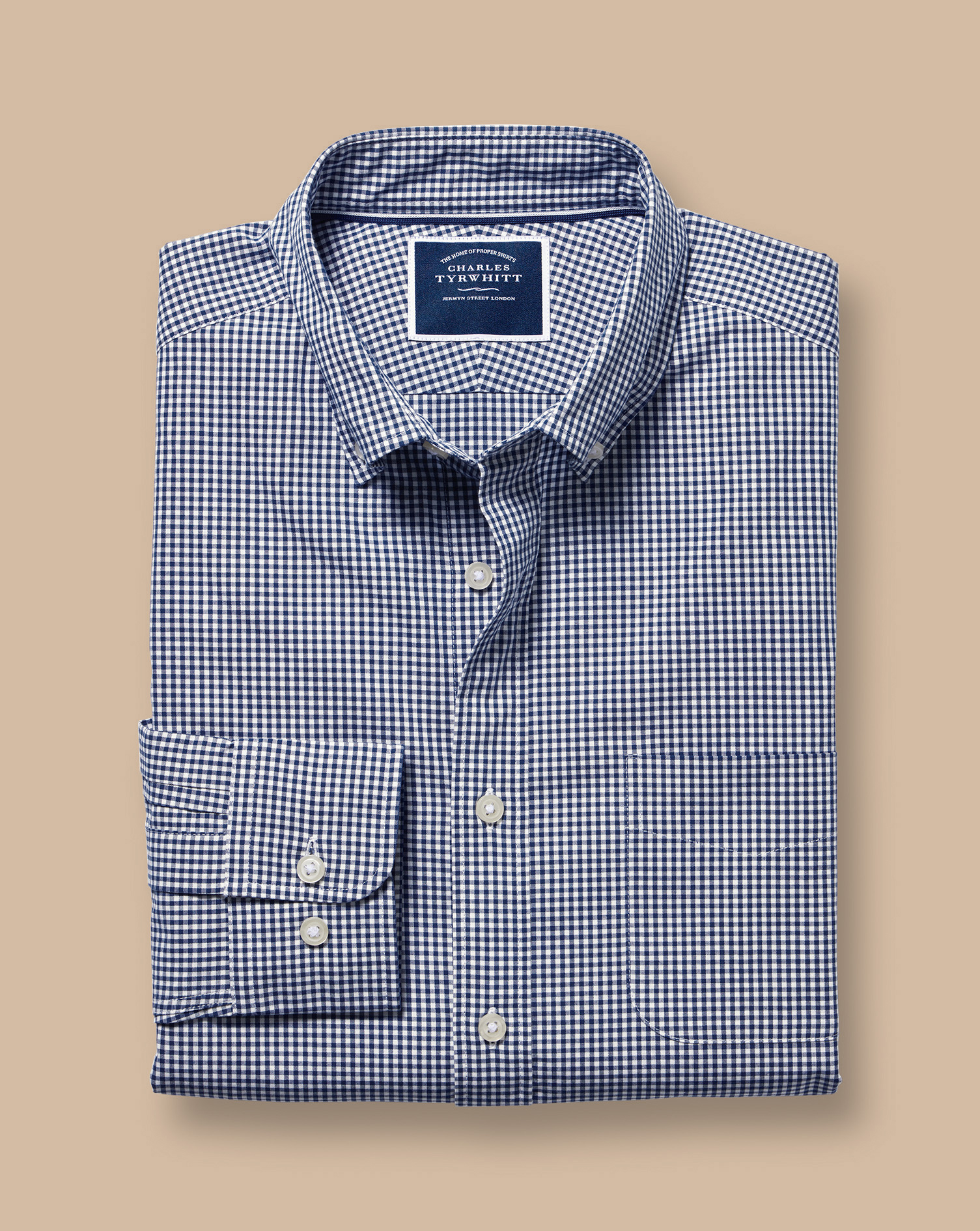 Button-Down Collar Non-Iron Stretch Poplin Mini Gingham Check Shirt - Navy