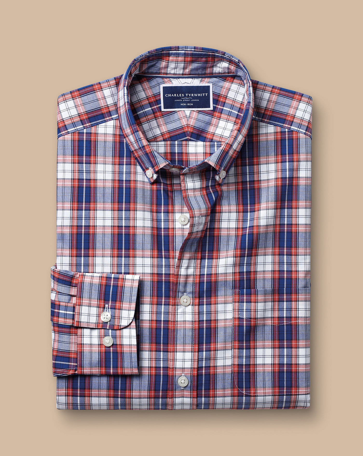 Button-Down Collar Non-Iron Stretch Poplin Large Check Shirt - Red