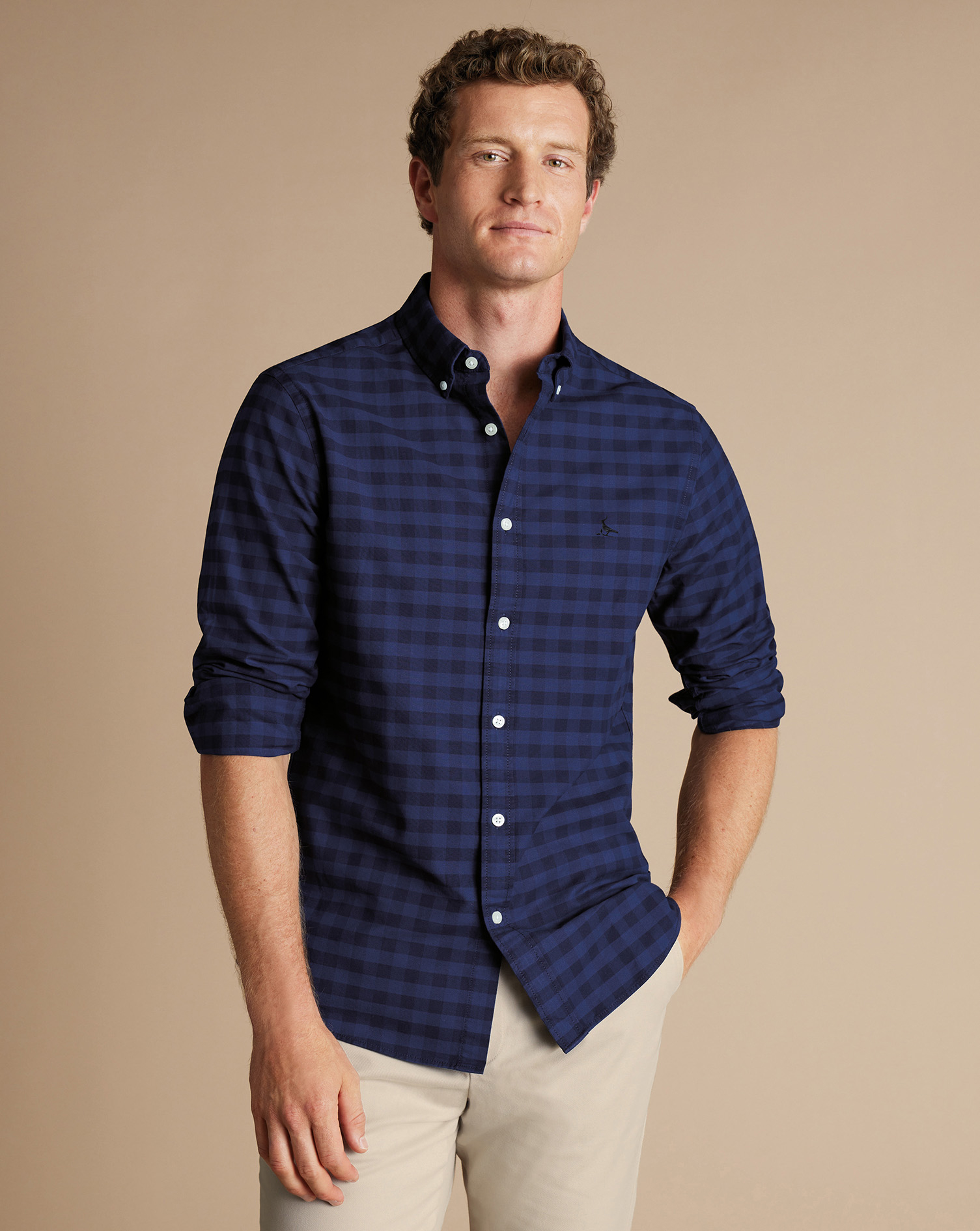 Button-Down Collar Stretch Washed Oxford Gingham Shirt - Ink Blue