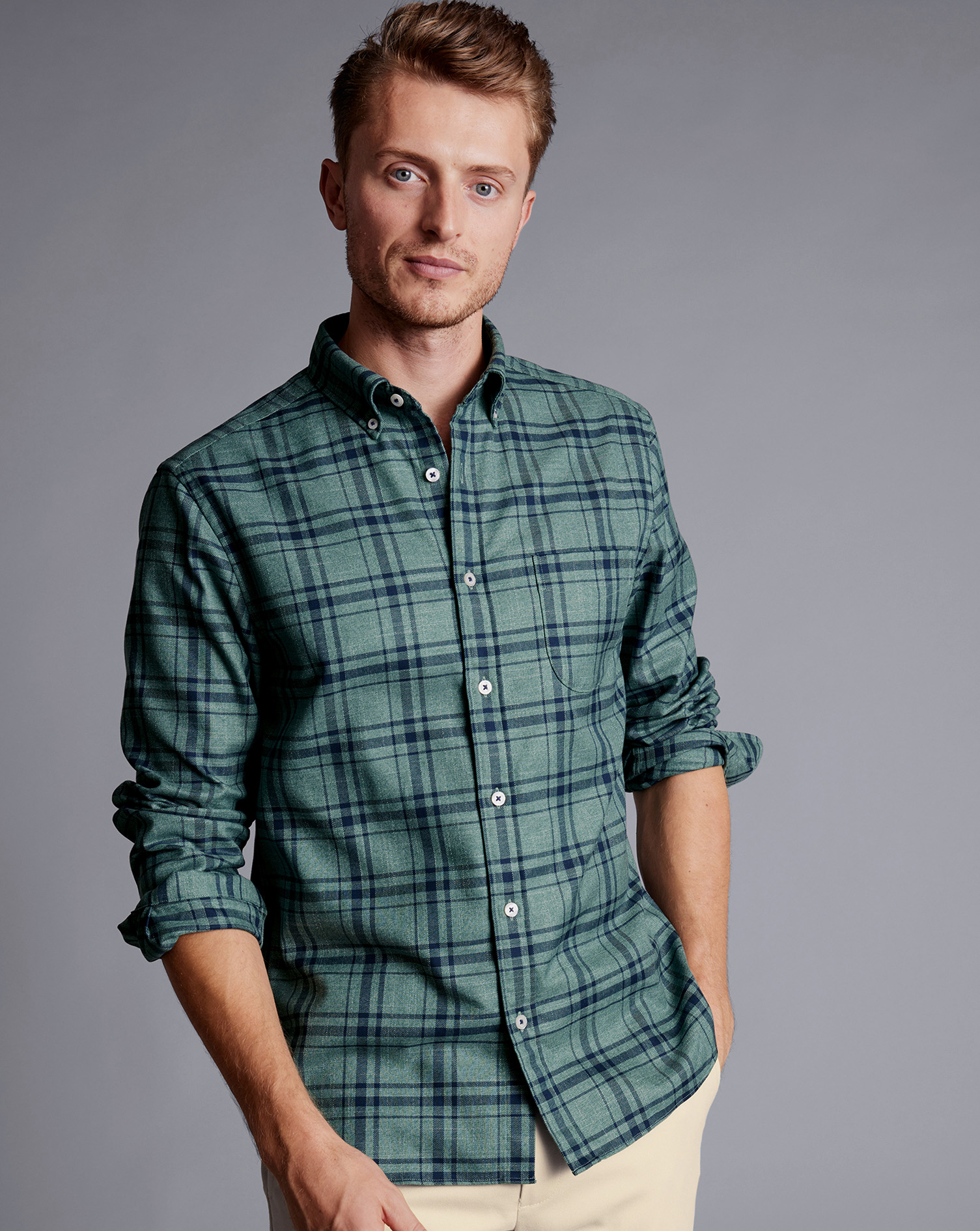 Button-Down Collar Non-Iron Twill Large Check Shirt - Teal Green