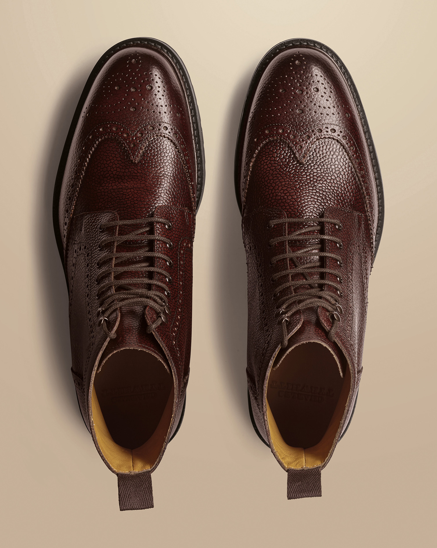 Grain Leather Rubber Sole Brogue Boots - Mahogany Brown