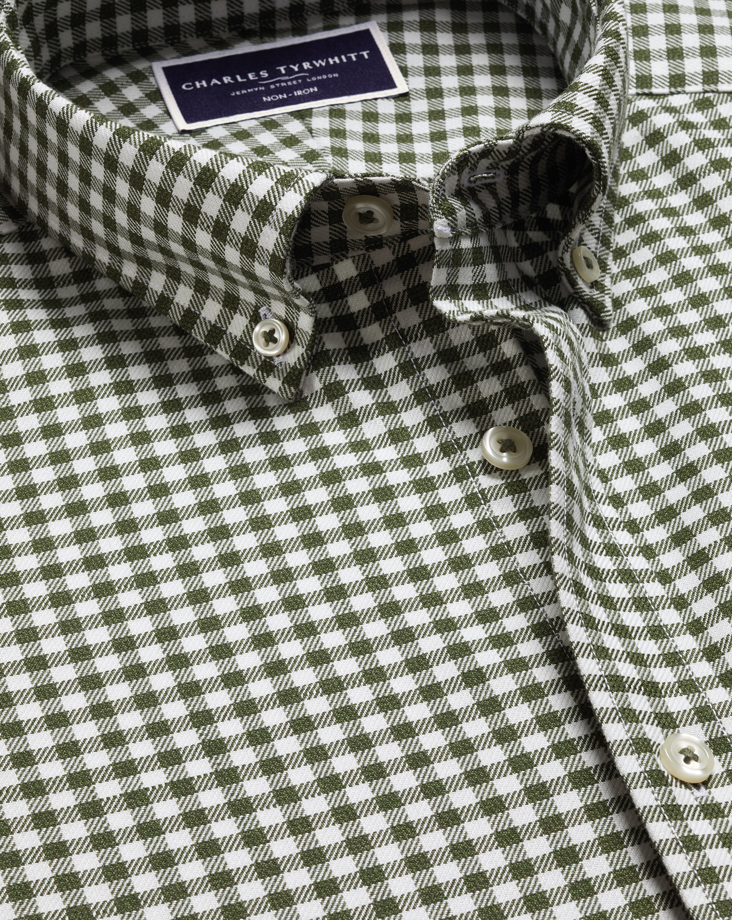 Button-Down Collar Non-Iron Twill Gingham Check Shirt - Olive Green