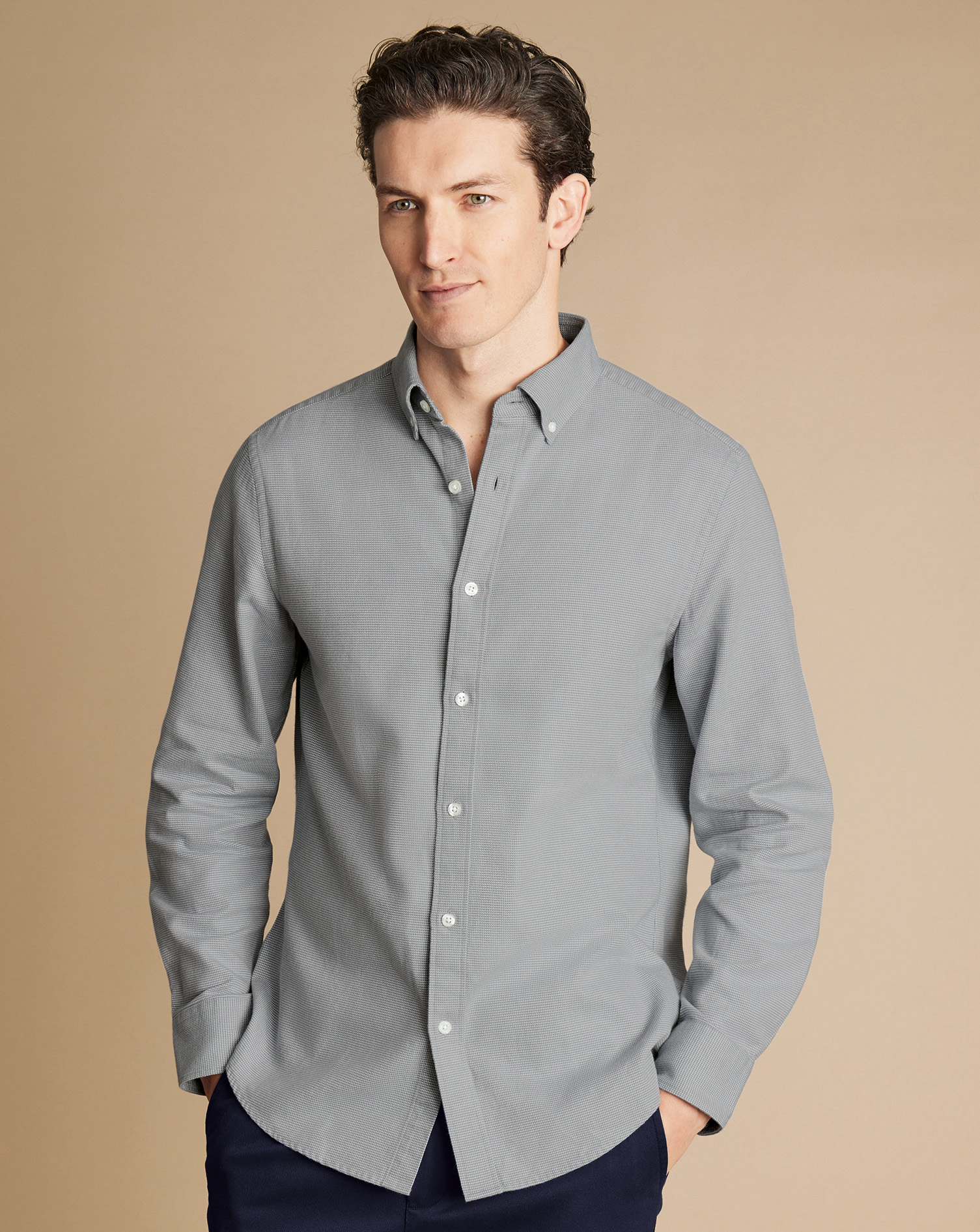 Button-Down Collar Dobby Flannel Puppytooth Shirt - Light Grey