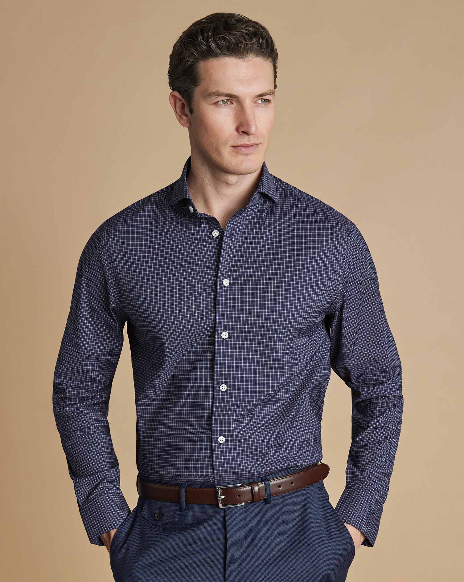 Semi-Cutaway Collar Non-Iron Stretch Twill Fine Check Shirt - French Blue