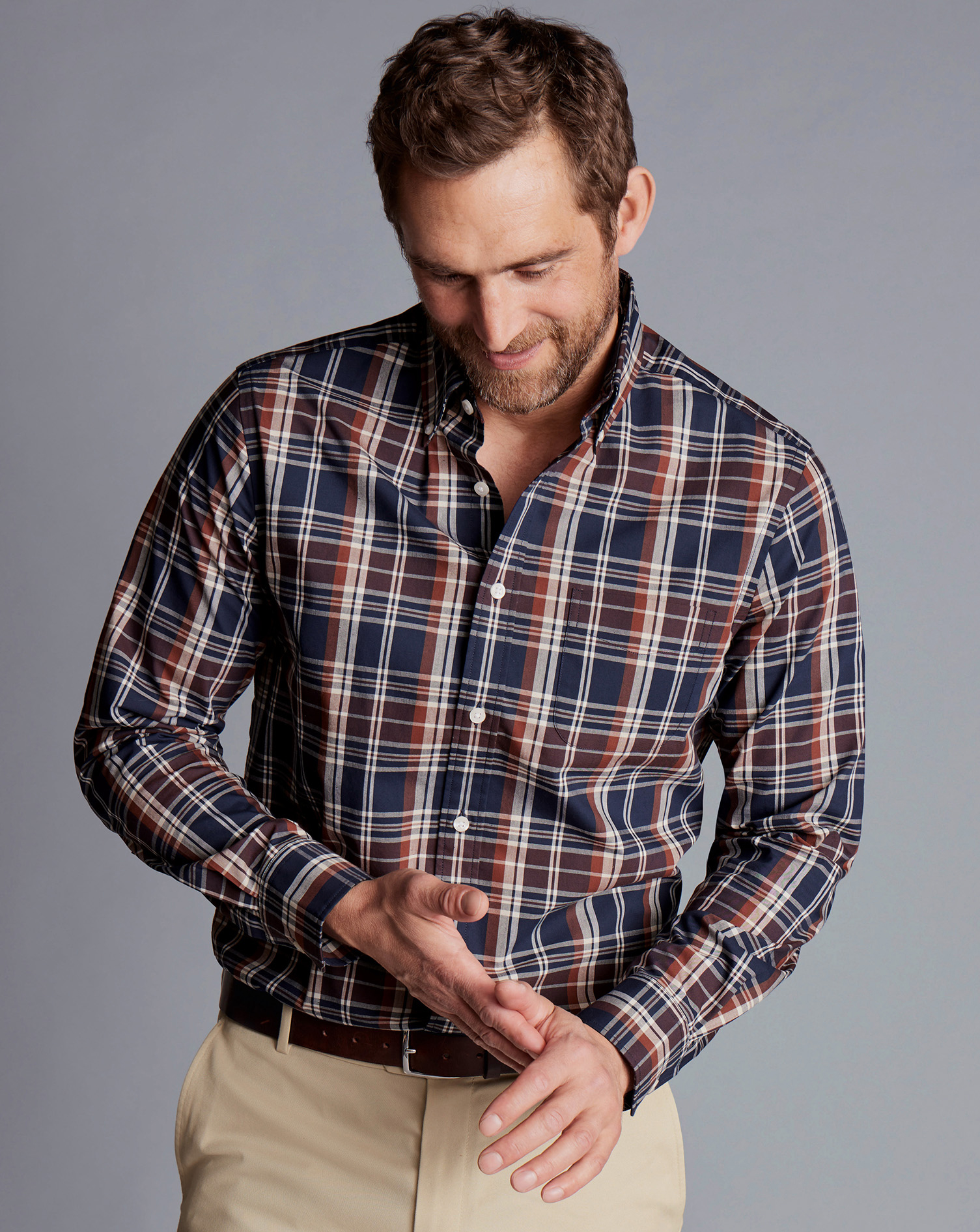 Button-Down Collar Non-Iron Stretch Poplin Plaid Check Shirt - Rust