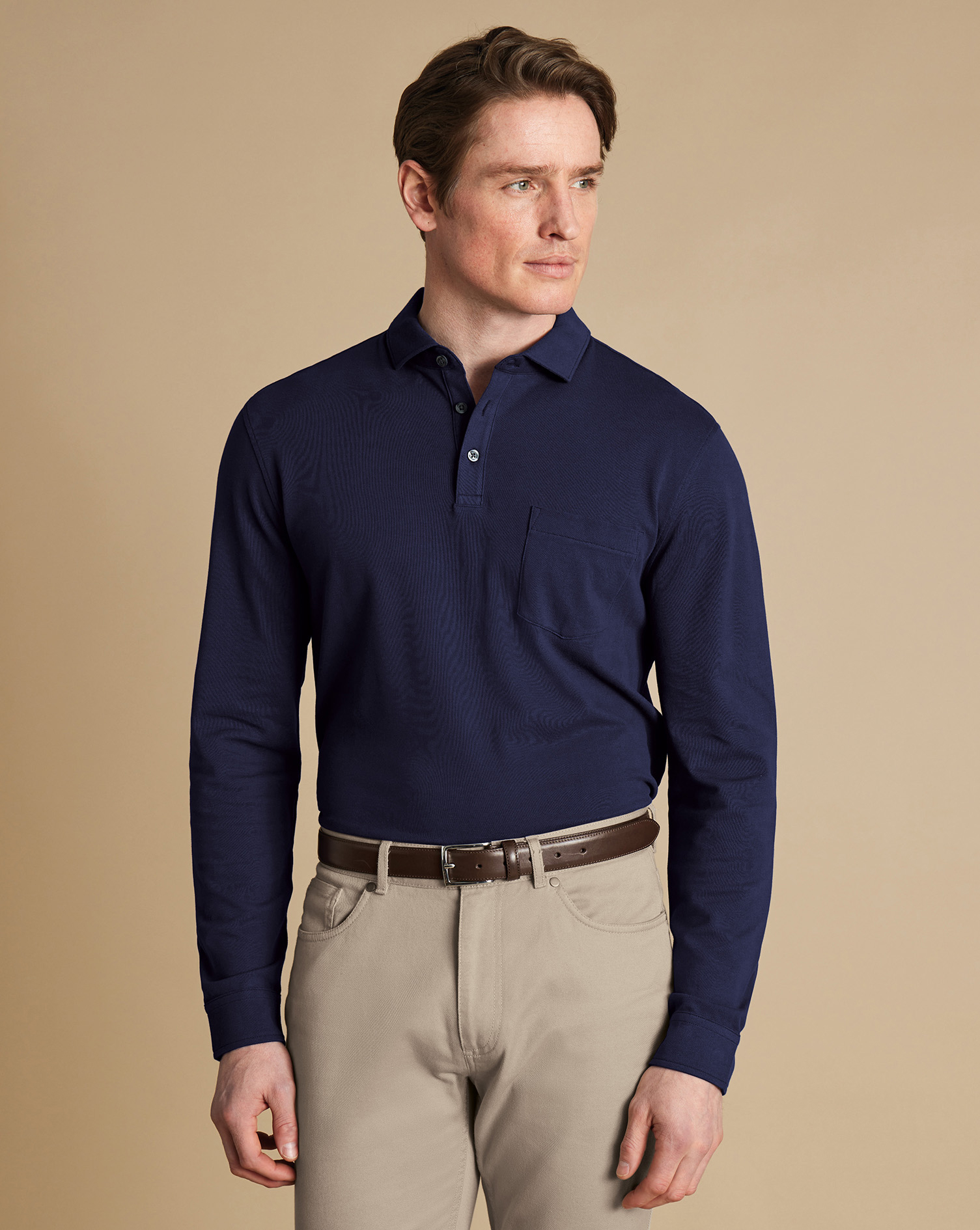 Charles Tyrwhitt Langärmeliges Piqué-Polo - Jeansblau