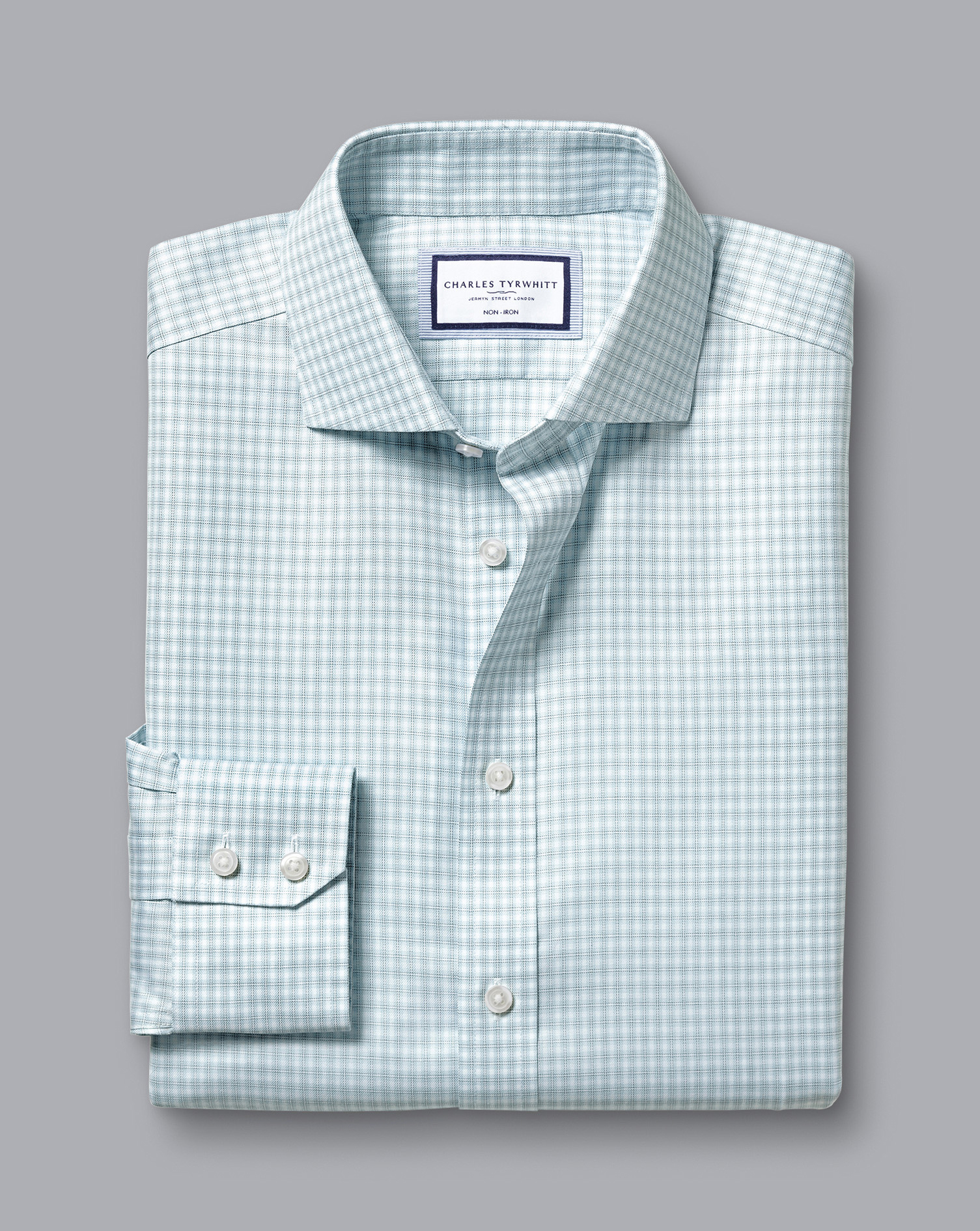 Cutaway Collar Non-Iron Double Check Shirt - Pale Teal Green