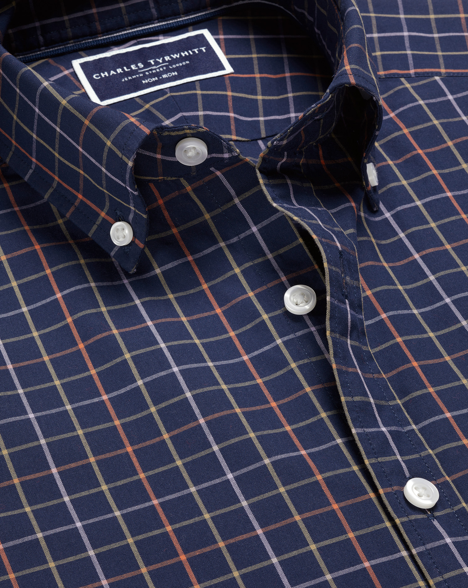 Button-Down Collar Non-Iron Stretch Poplin Grid Check Shirt - Navy