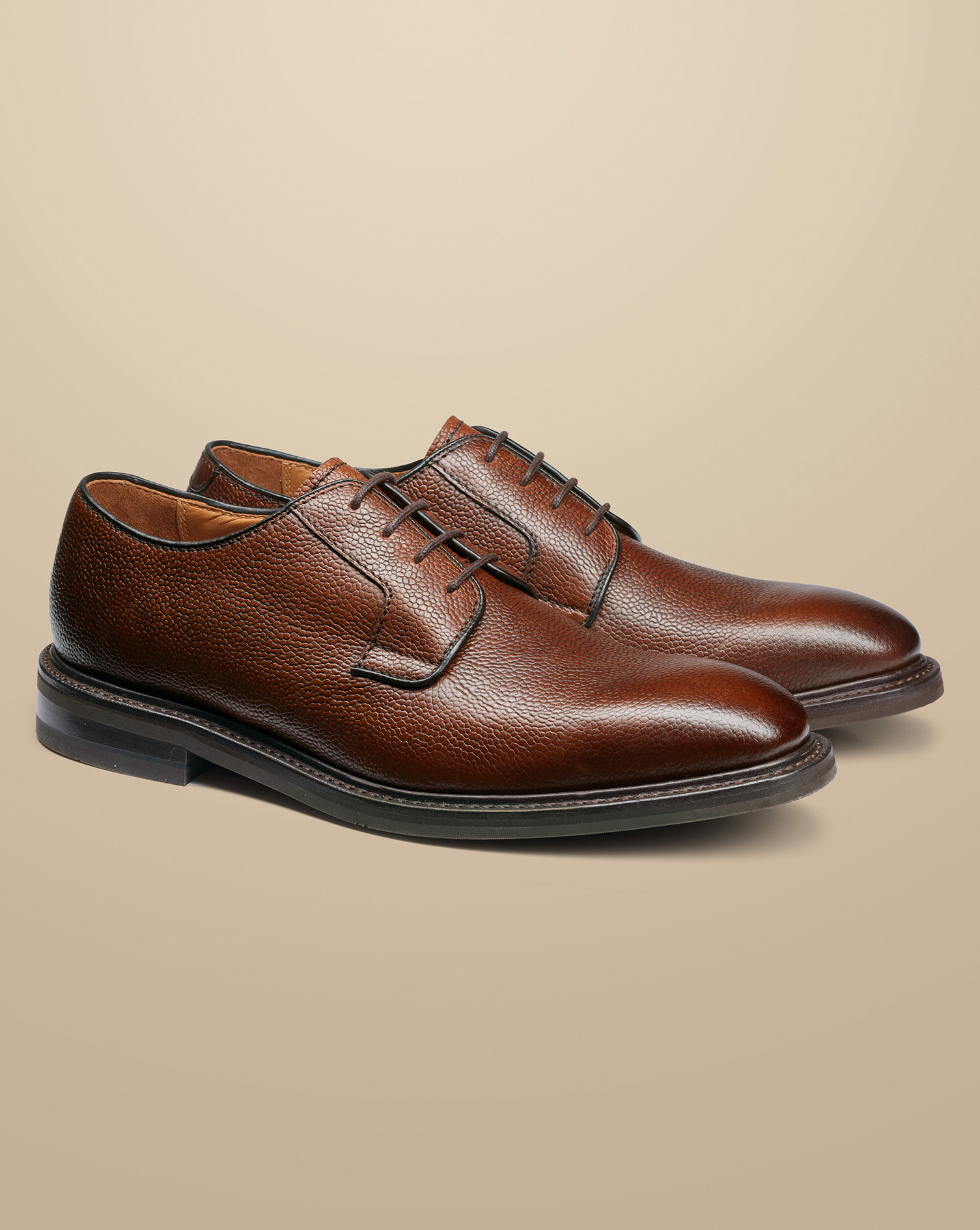 Grain Leather Derby Rubber Sole Shoe - Chestnut Brown