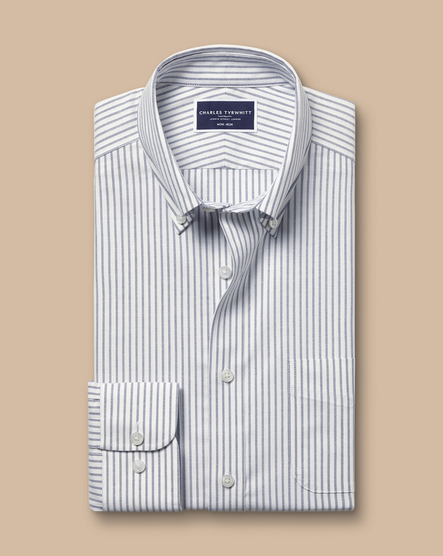 Button-Down Collar Non-Iron Stretch Oxford Stripe Shirt - Indigo Blue