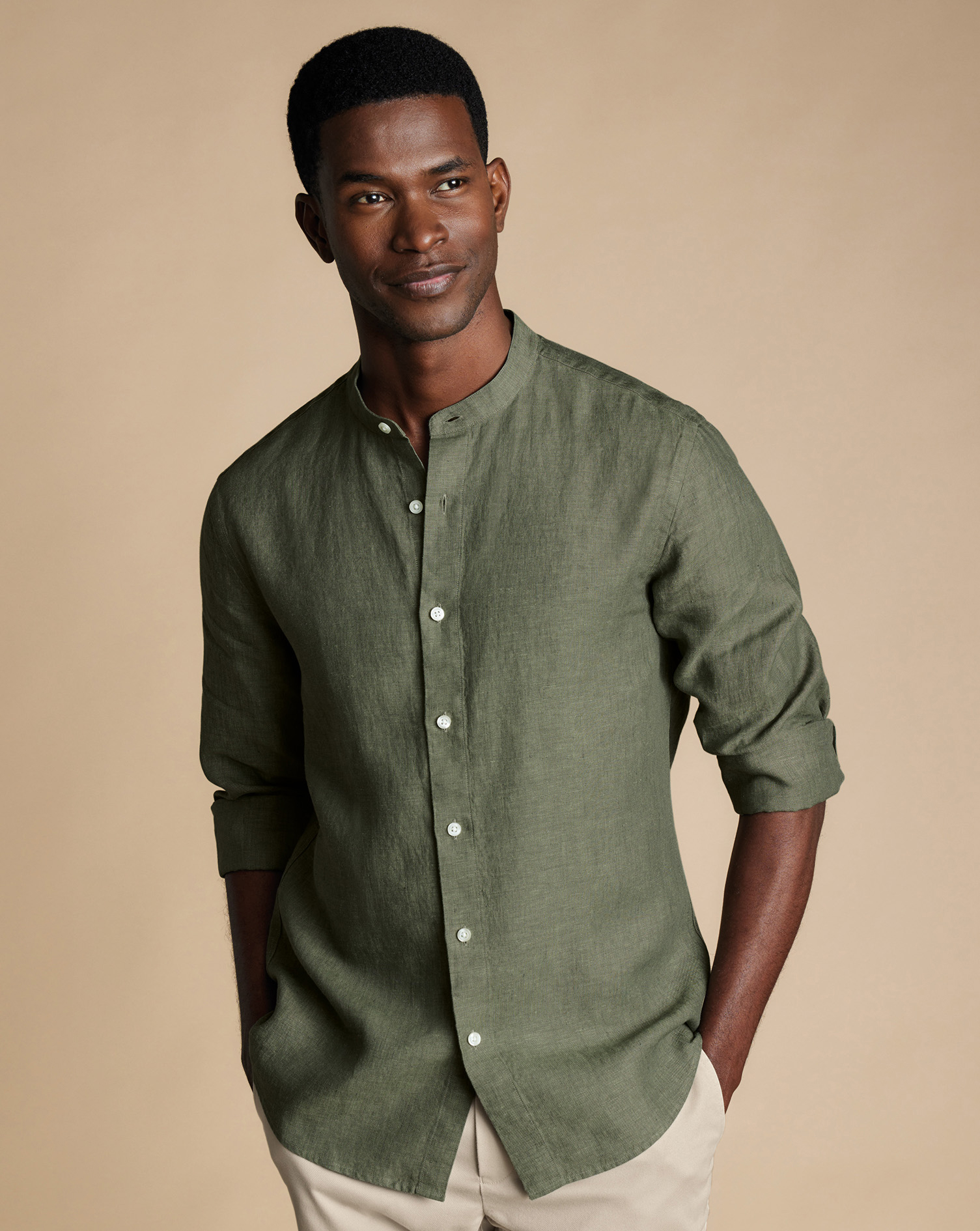 Collarless Pure Linen Shirt - Olive Green