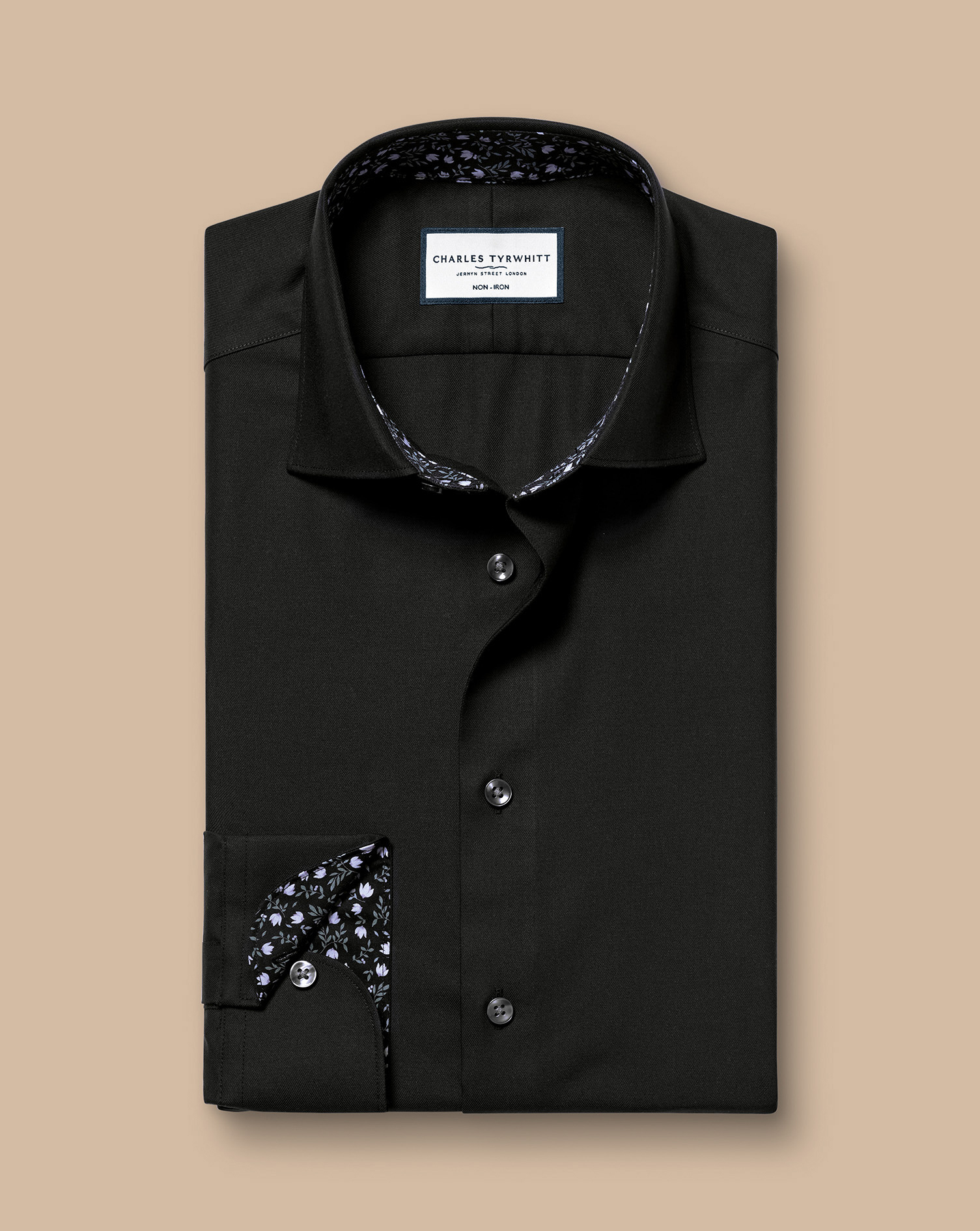 Semi-Cutaway Collar Non-Iron Twill Floral Printed Trim Shirt - Black