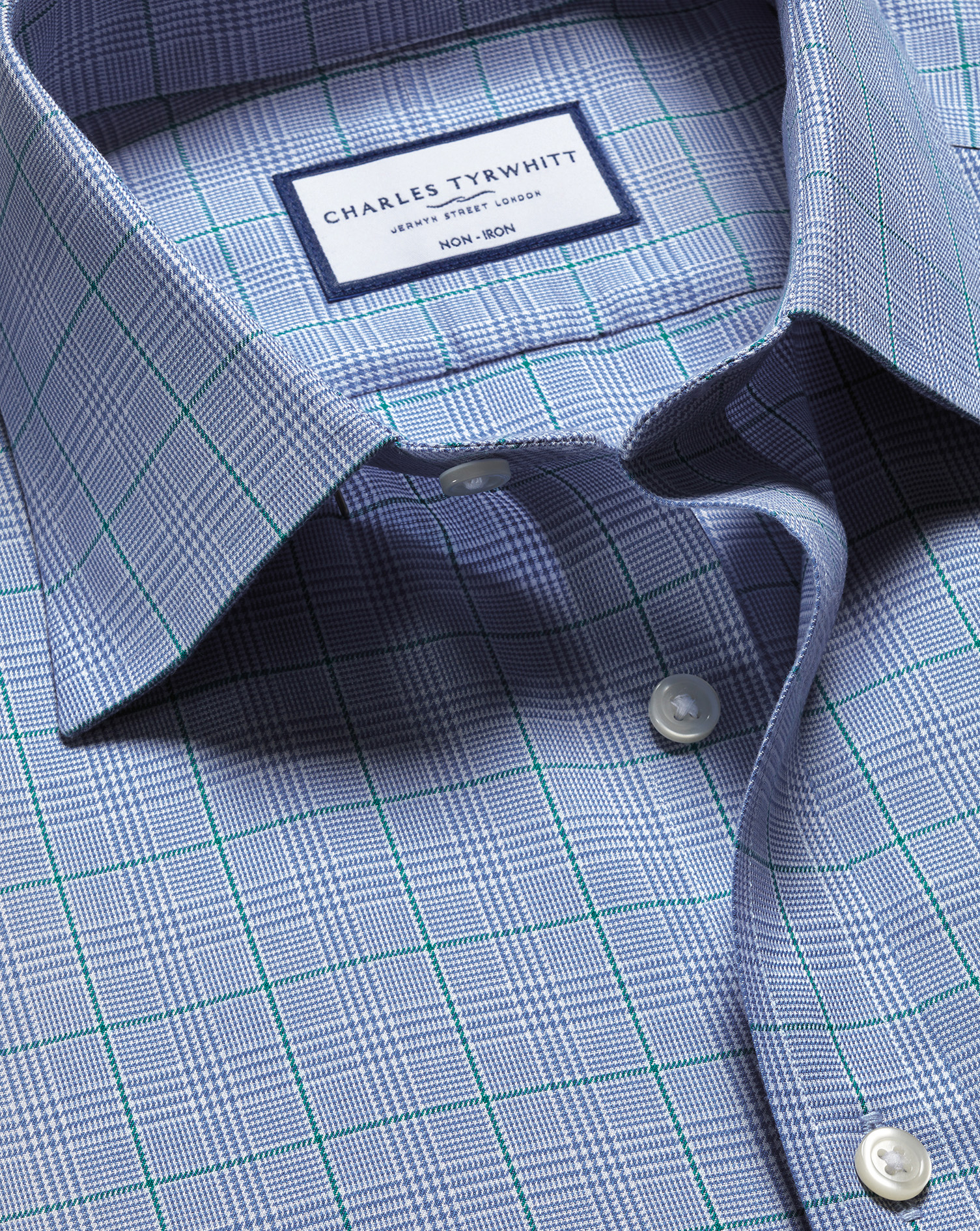 Charles Tyrwhitt Bügelfreies Twill-Hemd mit Prince-of-Wales-Karos - Indigoblau Knopfmanschette