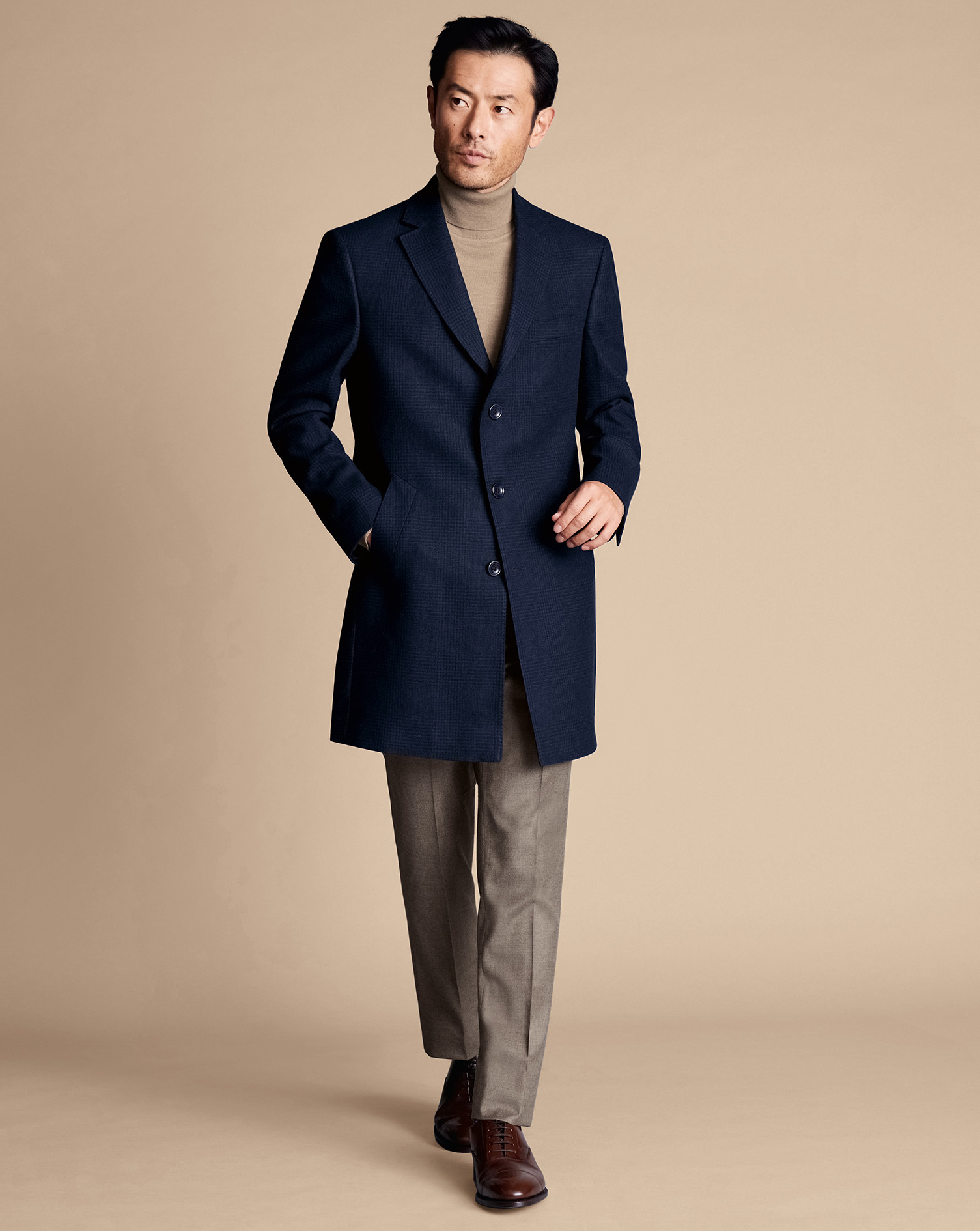 Prince Of Wales Wool Overcoat - Navy