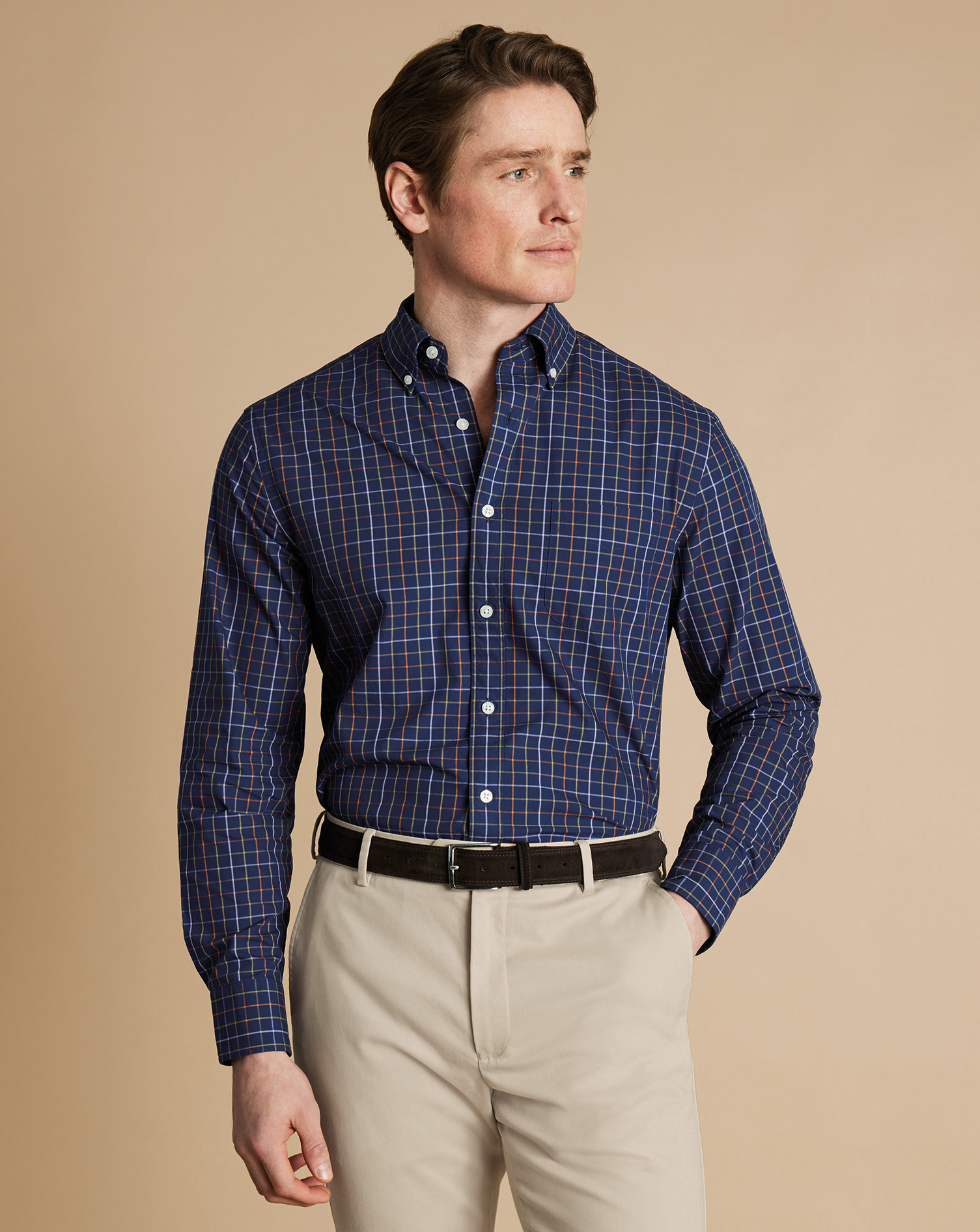 Button-Down Collar Non-Iron Stretch Poplin Grid Check Shirt - French Blue