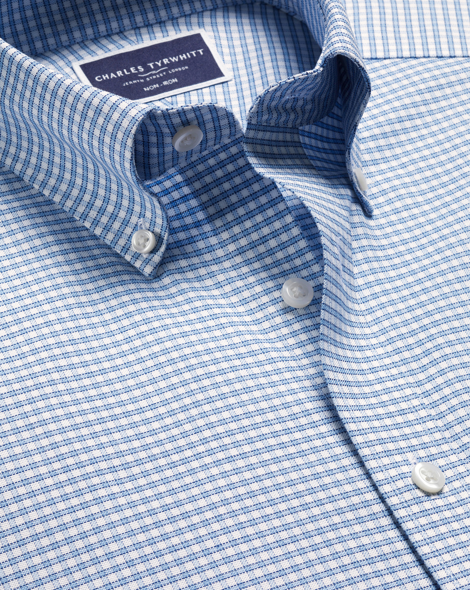 Button-Down Collar Non-Iron Stretch Oxford Check Shirt - Ocean Blue