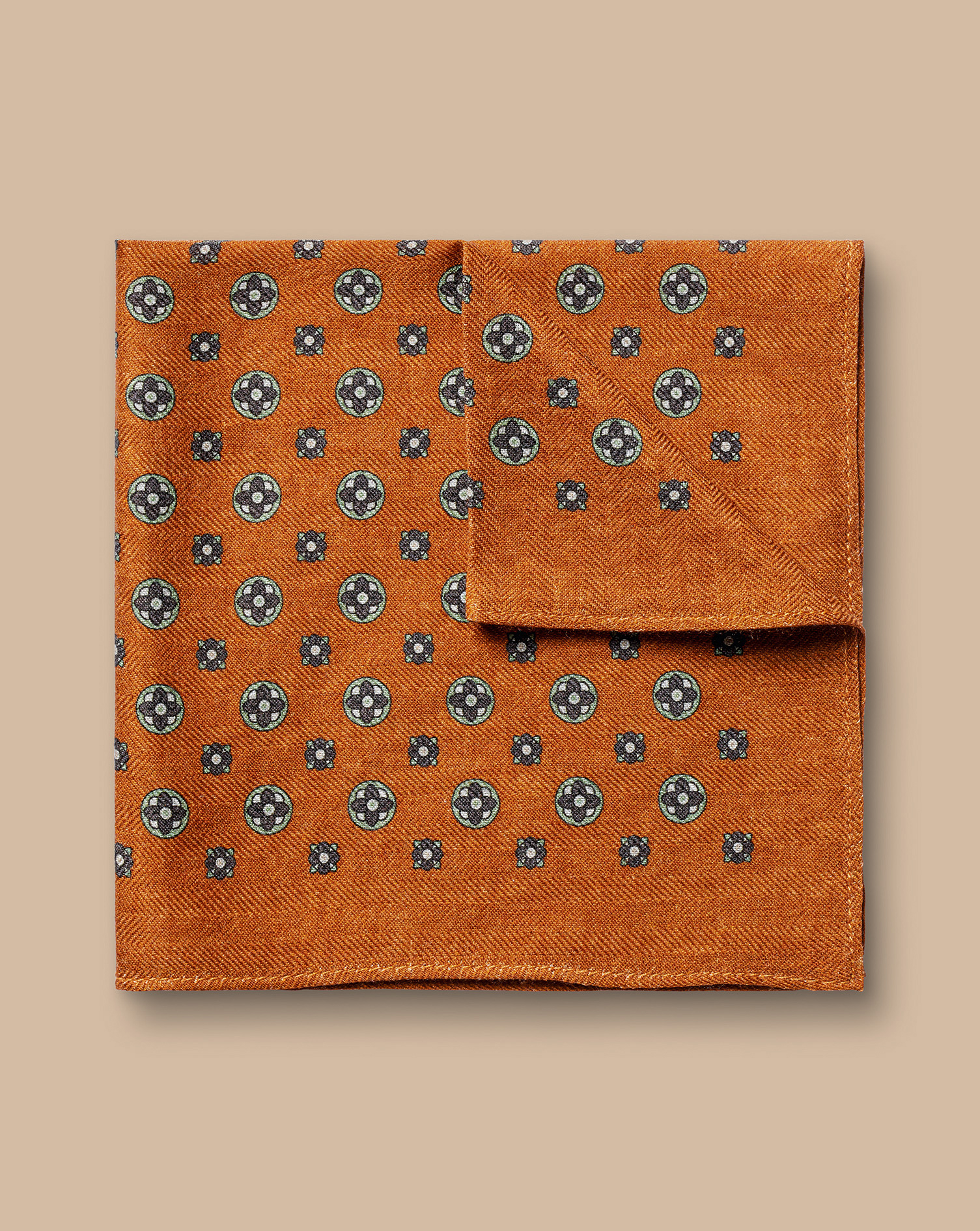 Medallion Silk Wool Pocket Square - Orange