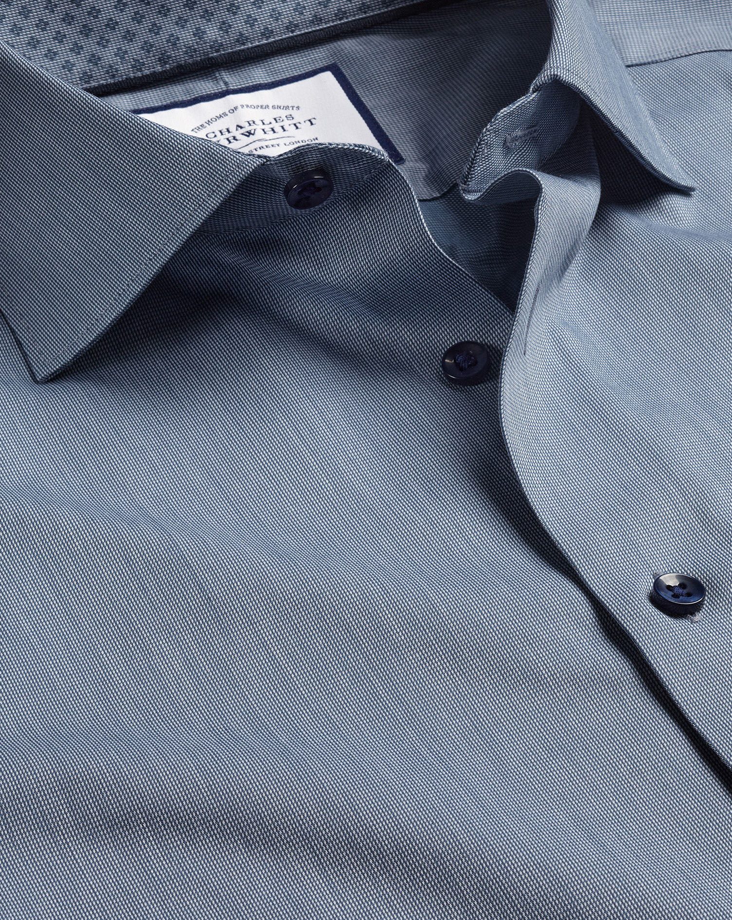 Charles Tyrwhitt Semi-cutaway Collar Twill Cotton Dress Shirt With Printed Trim In Blue