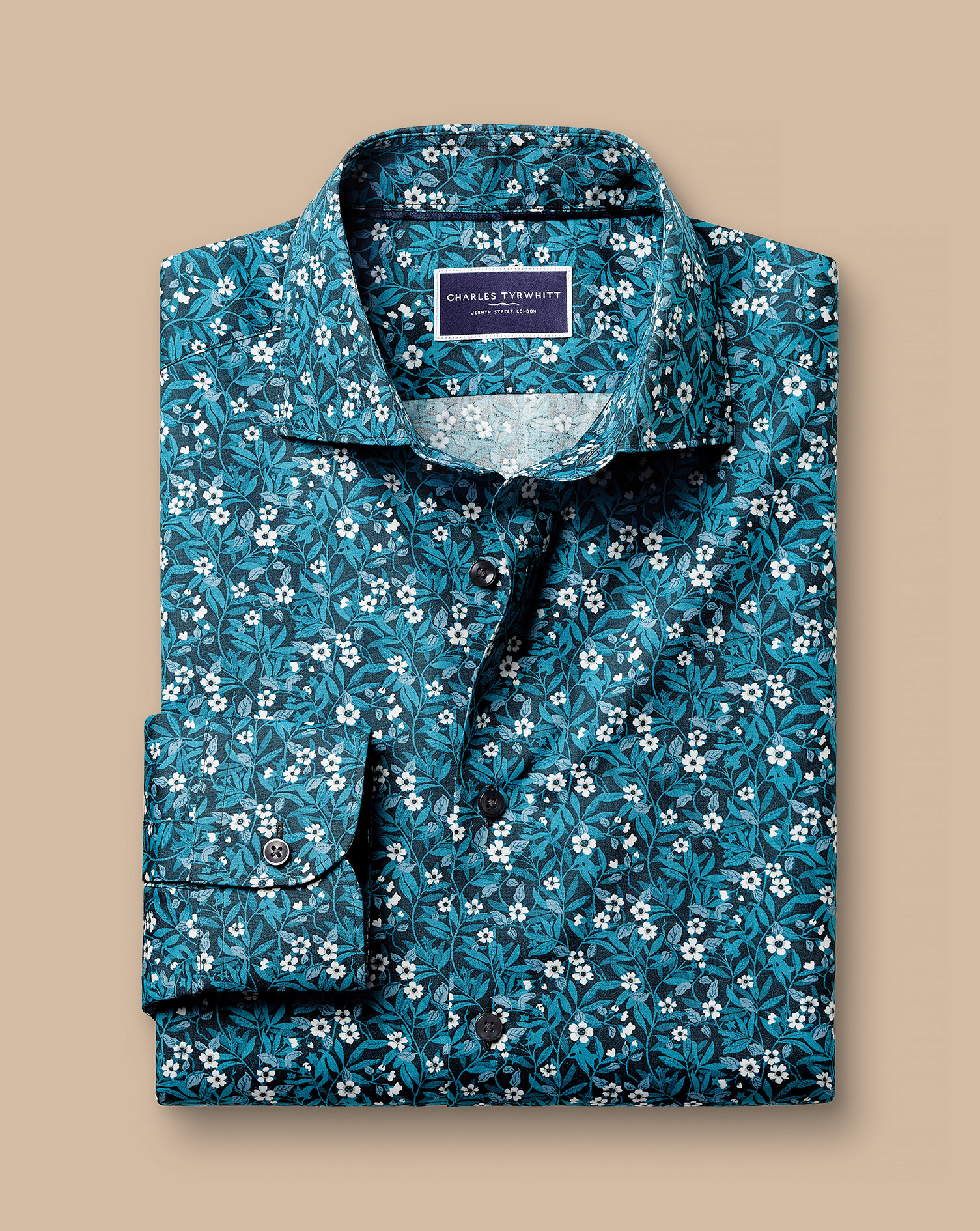 Made with Liberty Fabric Semi-Cutaway Collar Floral Print Shirt - Atlantic Green