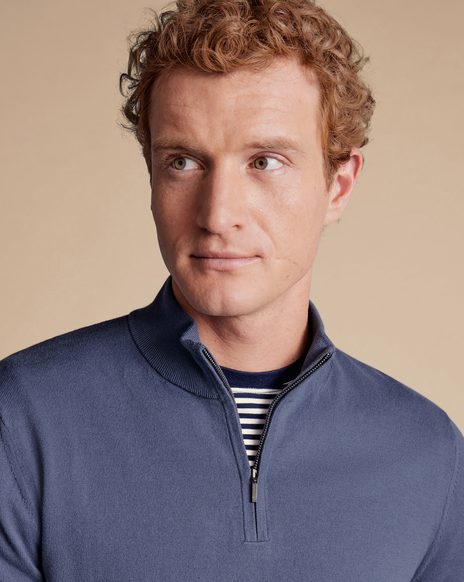 Combed Cotton Zip Neck Jumper - Blue